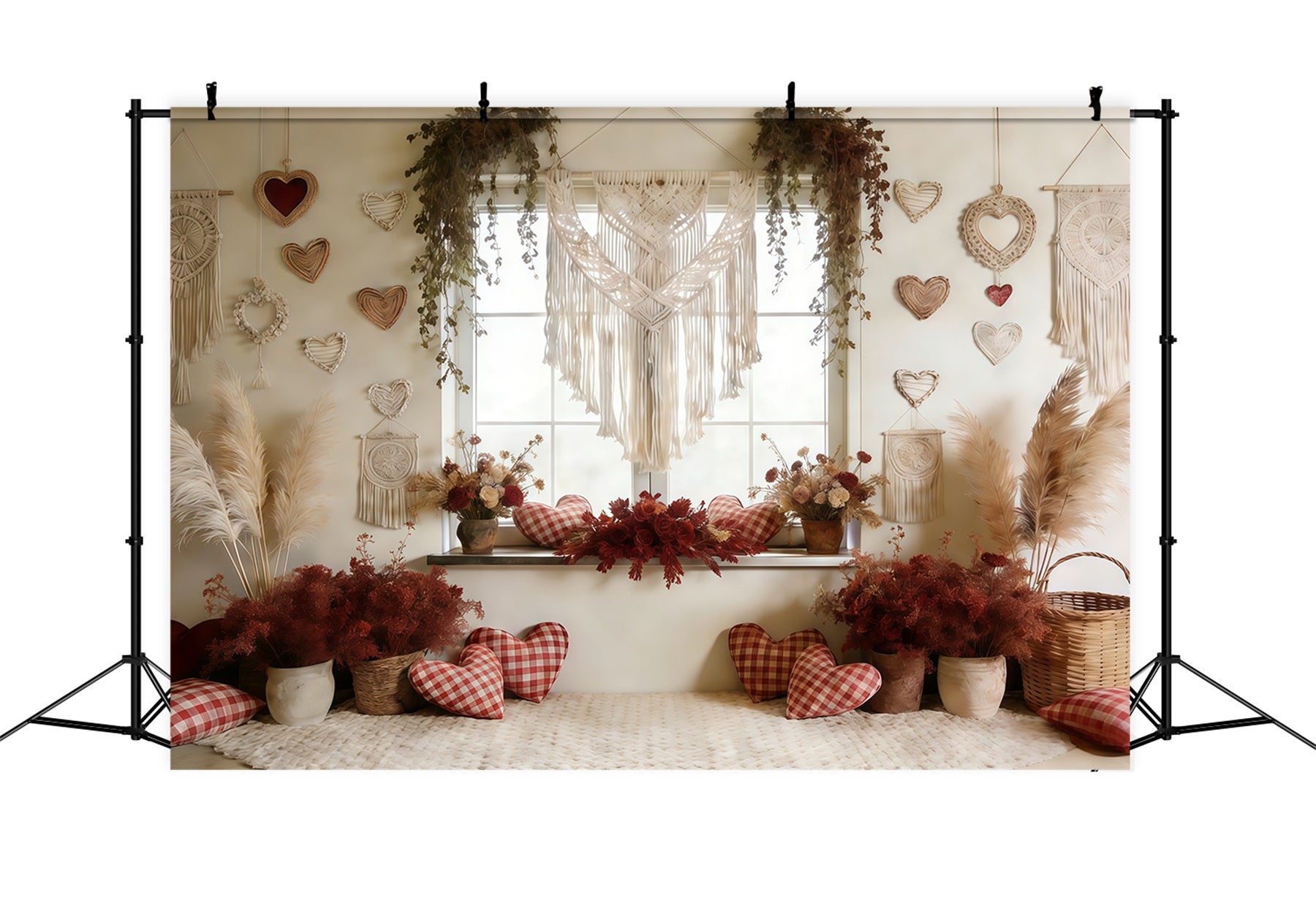 Boho Floral Valentine's Day Backdrop Macrame Heart Window Valentine Backdrop For Pictures UK CSH61-117
