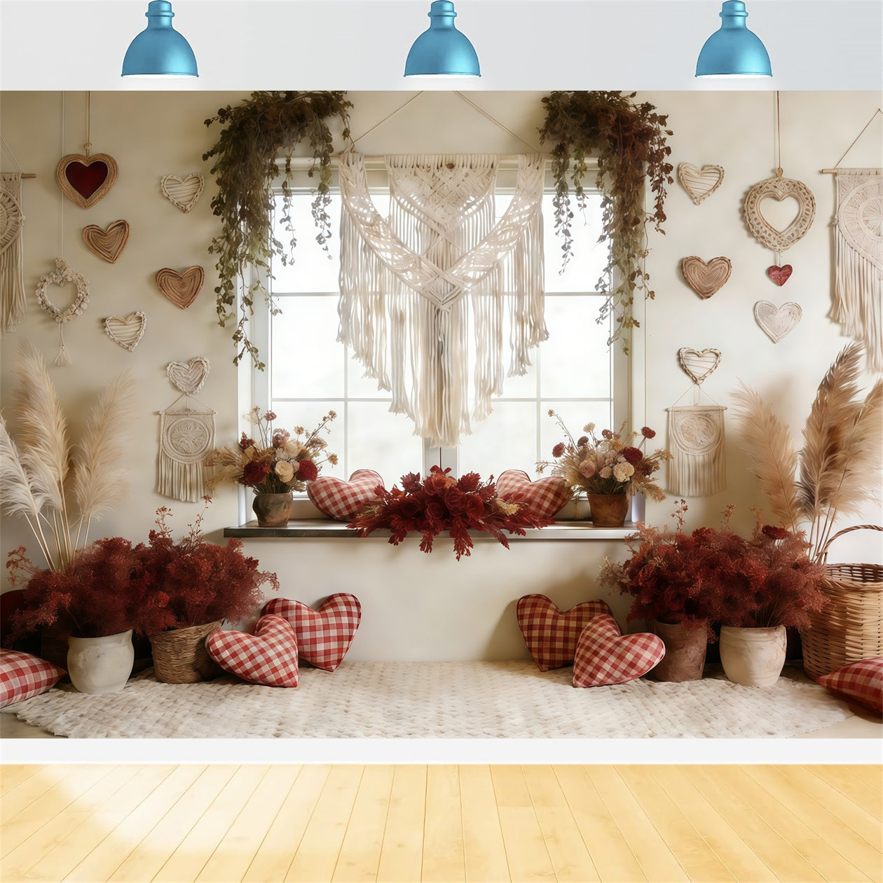 Boho Floral Valentine's Day Backdrop Macrame Heart Window Valentine Backdrop For Pictures UK CSH61-117