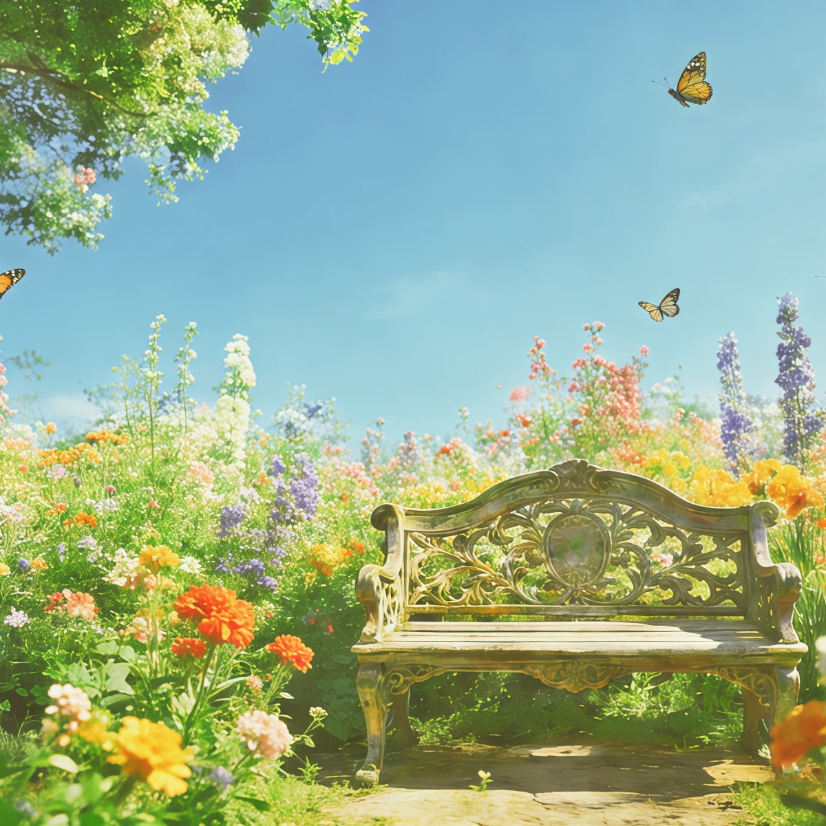 Floral Garden Backdrop Sunlit Wildflower Bench Butterfly Floral Backdrop Photoshoot UK CSH61-119