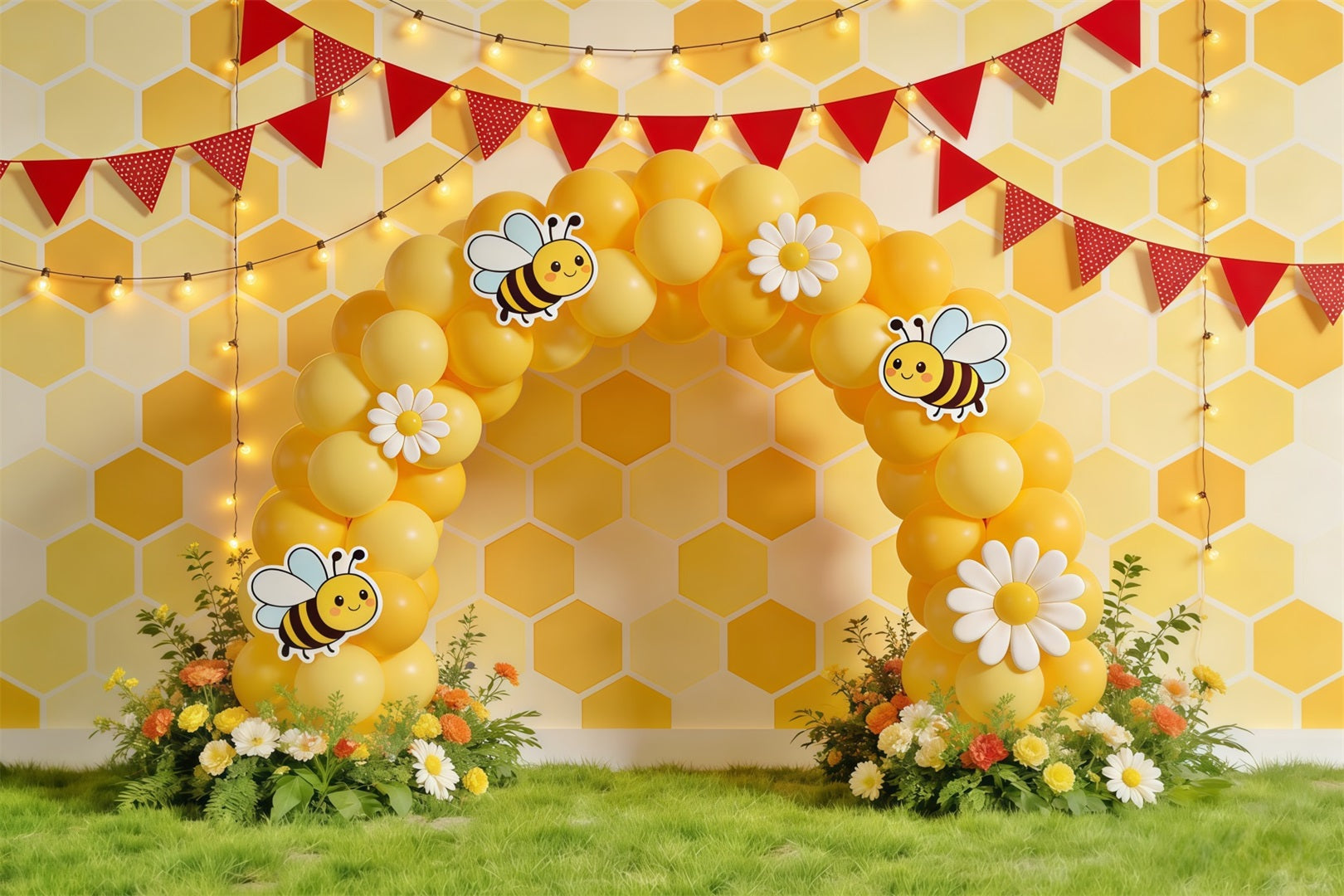 Honey Bee Backdrop Honeycomb Daisy Balloon Arch Photography Backdrops Spring UK CSH61-122