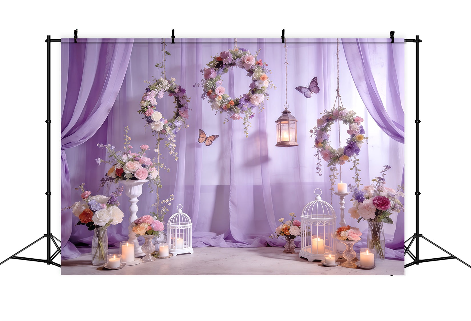 Wildflower Garland Backdrop Lavender Wreath Lantern Butterfly Spring Themed Backdrop UK CSH61-132