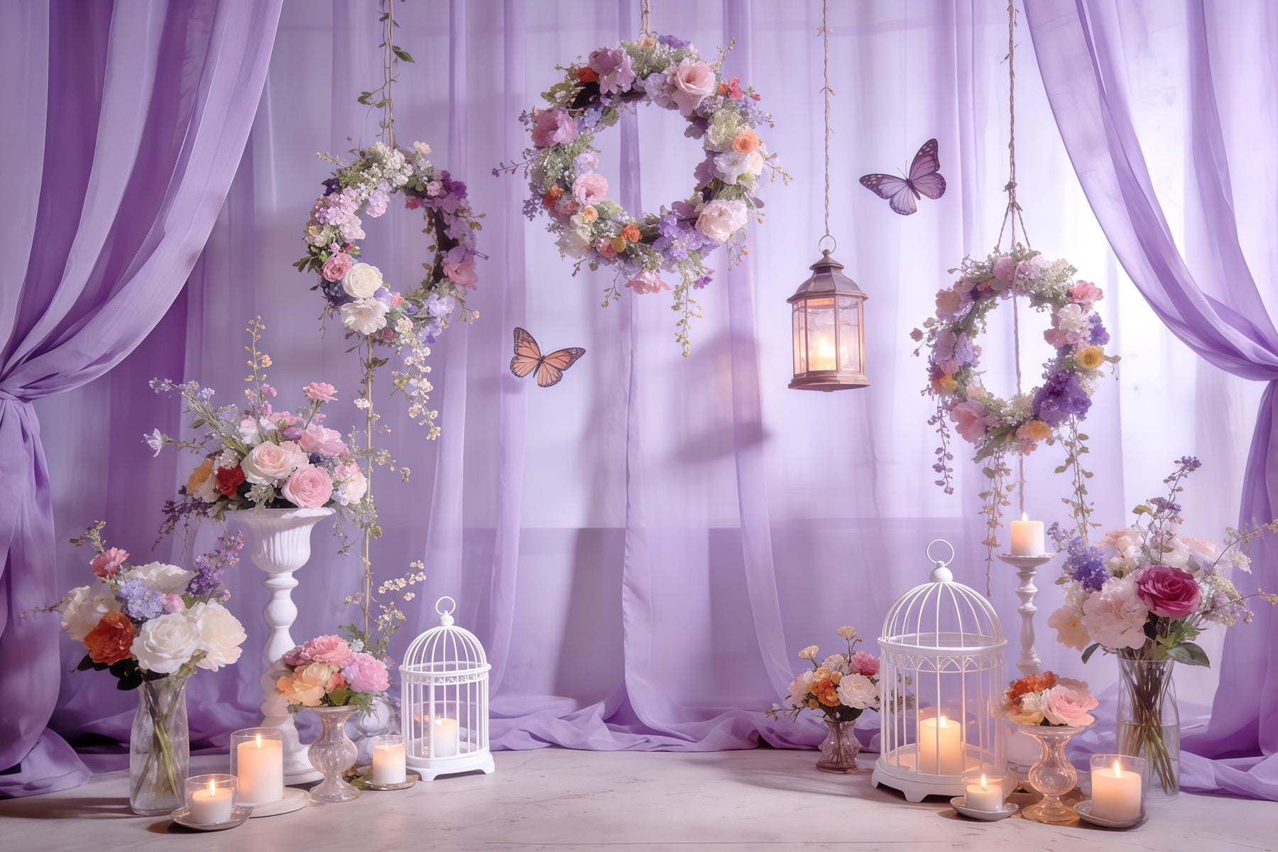 Wildflower Garland Backdrop Lavender Wreath Lantern Butterfly Spring Themed Backdrop UK CSH61-132
