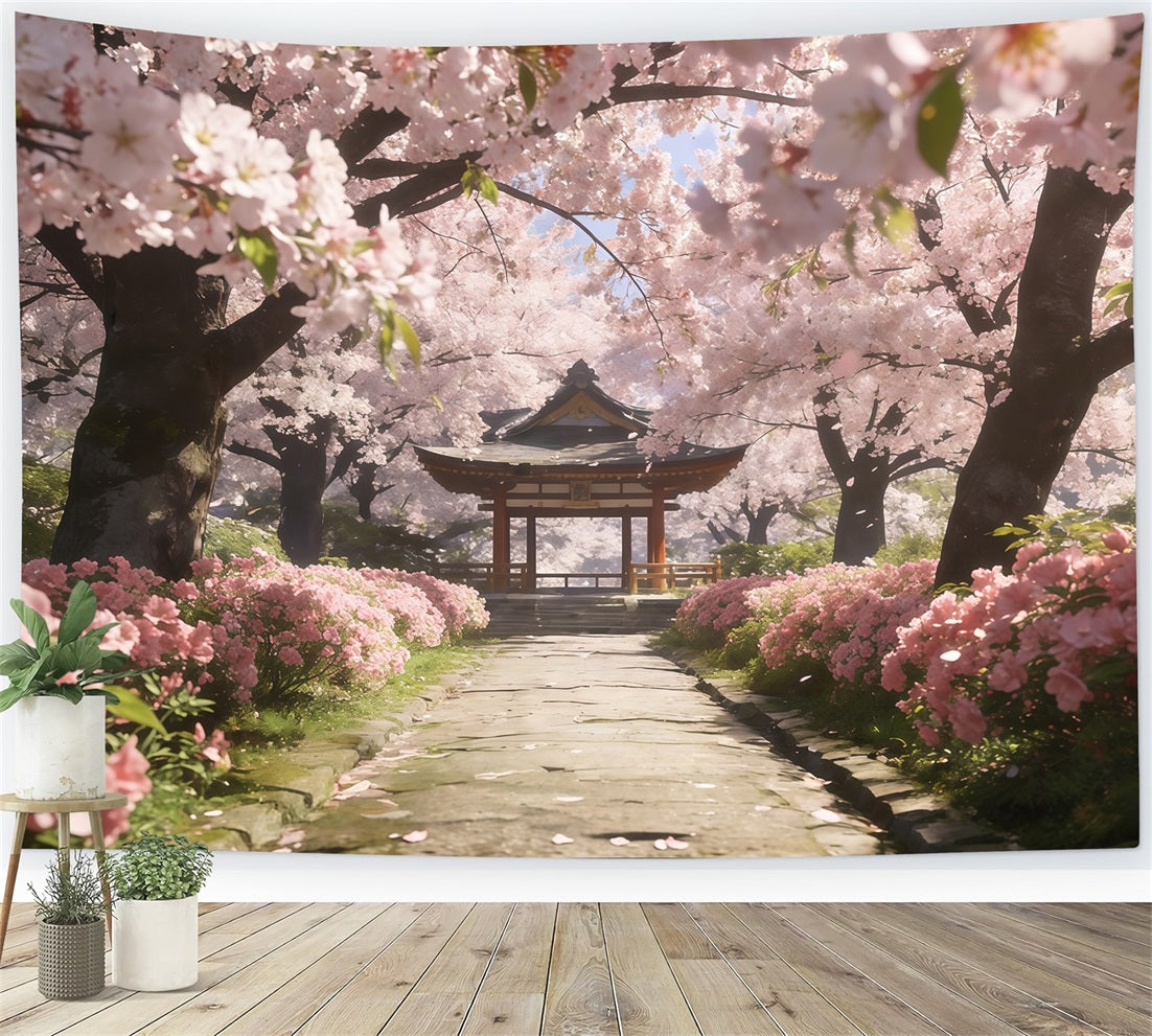Cherry Blossom Tree Backdrop Sakura Pathway Tranquil Pavilion Floral Print Backdrop UK CSH61-133