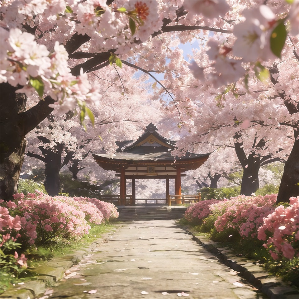 Cherry Blossom Tree Backdrop Sakura Pathway Tranquil Pavilion Floral Print Backdrop UK CSH61-133