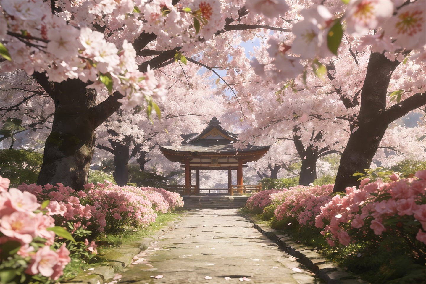 Cherry Blossom Tree Backdrop Sakura Pathway Tranquil Pavilion Floral Print Backdrop UK CSH61-133