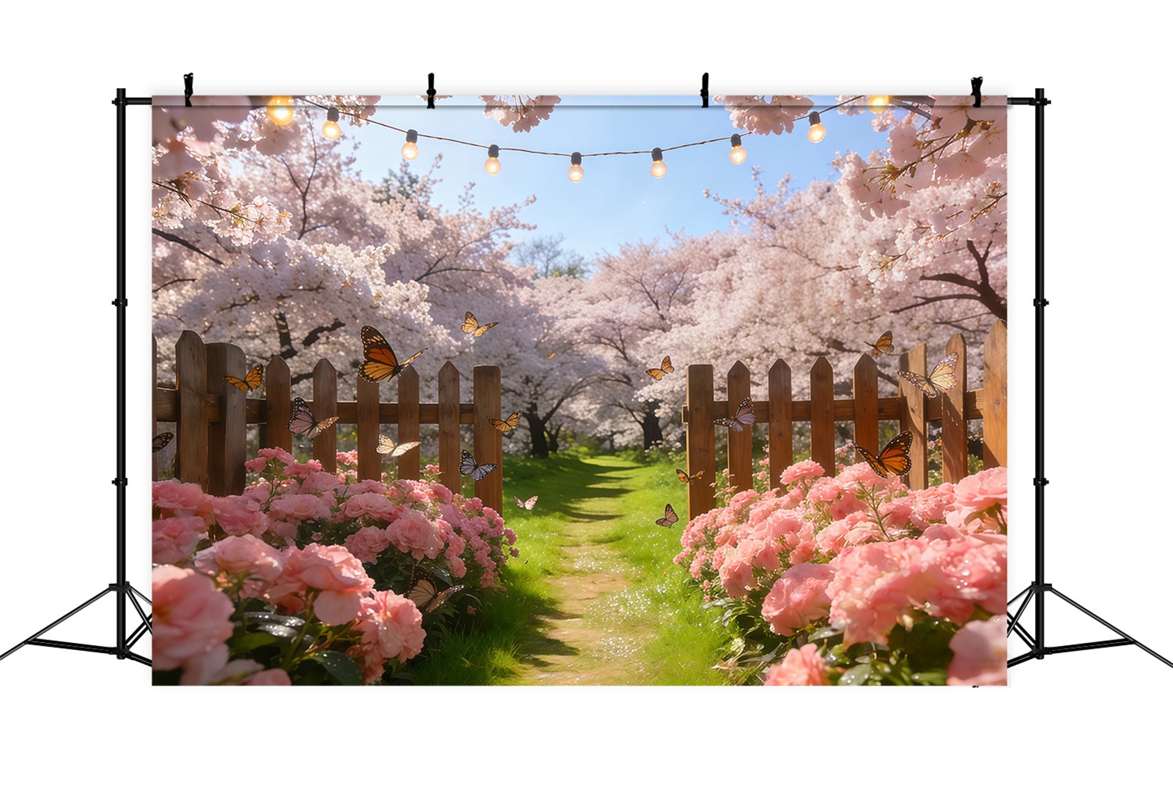 Cherry Blossom Tree Backdrop Pastel Flowers Butterfly Fence Floral Print Backdrop UK CSH61-134