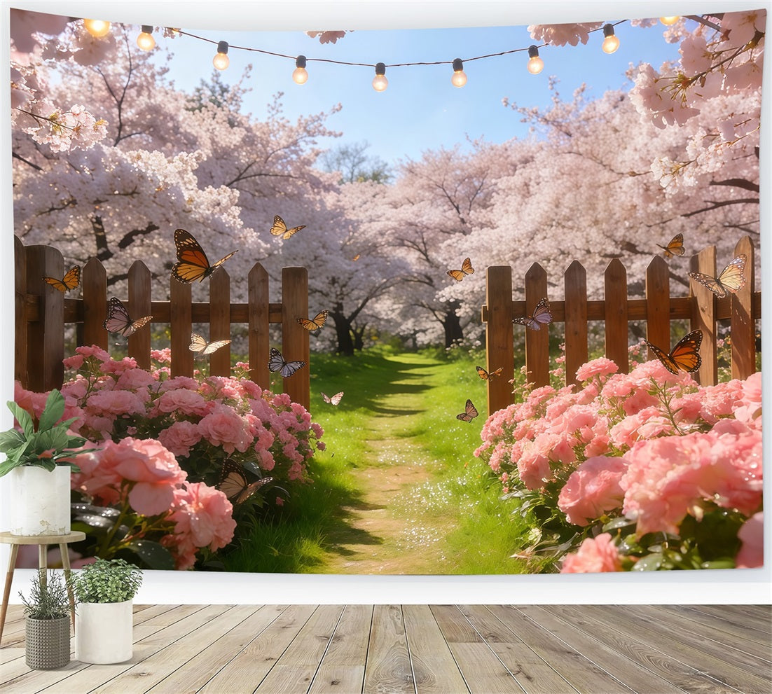 Cherry Blossom Tree Backdrop Pastel Flowers Butterfly Fence Floral Print Backdrop UK CSH61-134