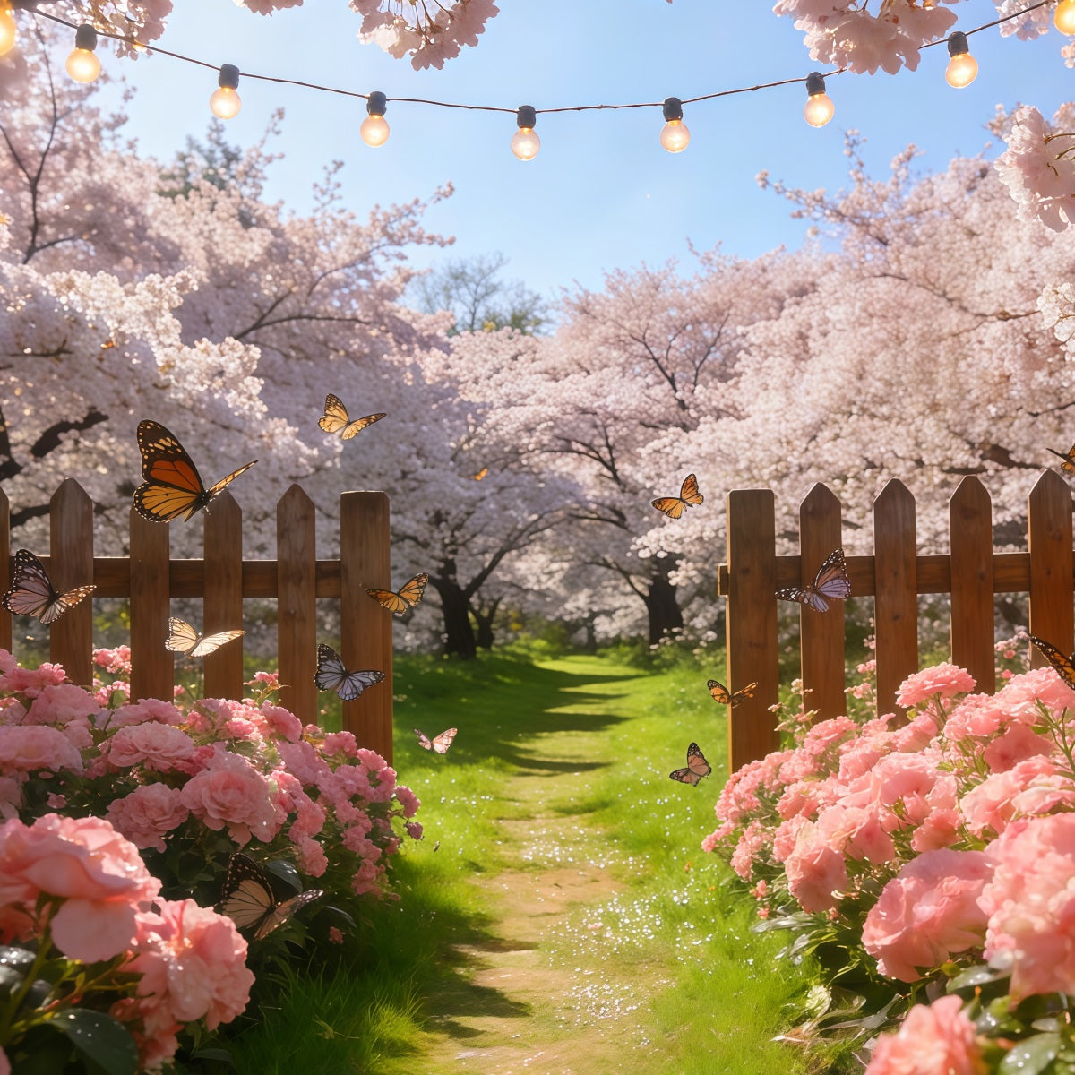 Cherry Blossom Tree Backdrop Pastel Flowers Butterfly Fence Floral Print Backdrop UK CSH61-134