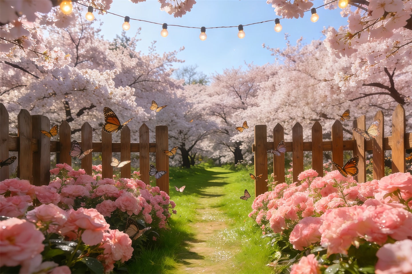Cherry Blossom Tree Backdrop Pastel Flowers Butterfly Fence Floral Print Backdrop UK CSH61-134