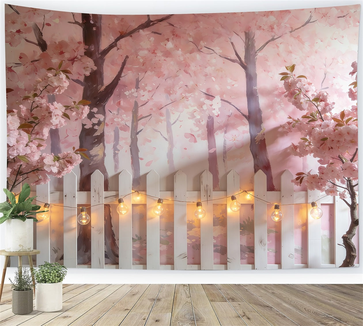 Cherry Blossoms Backdrop Pink Blossom Trees White Fence Photography Spring Backdrop UK CSH61-139