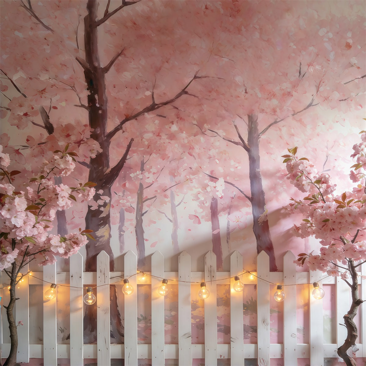 Cherry Blossoms Backdrop Pink Blossom Trees White Fence Photography Spring Backdrop UK CSH61-139