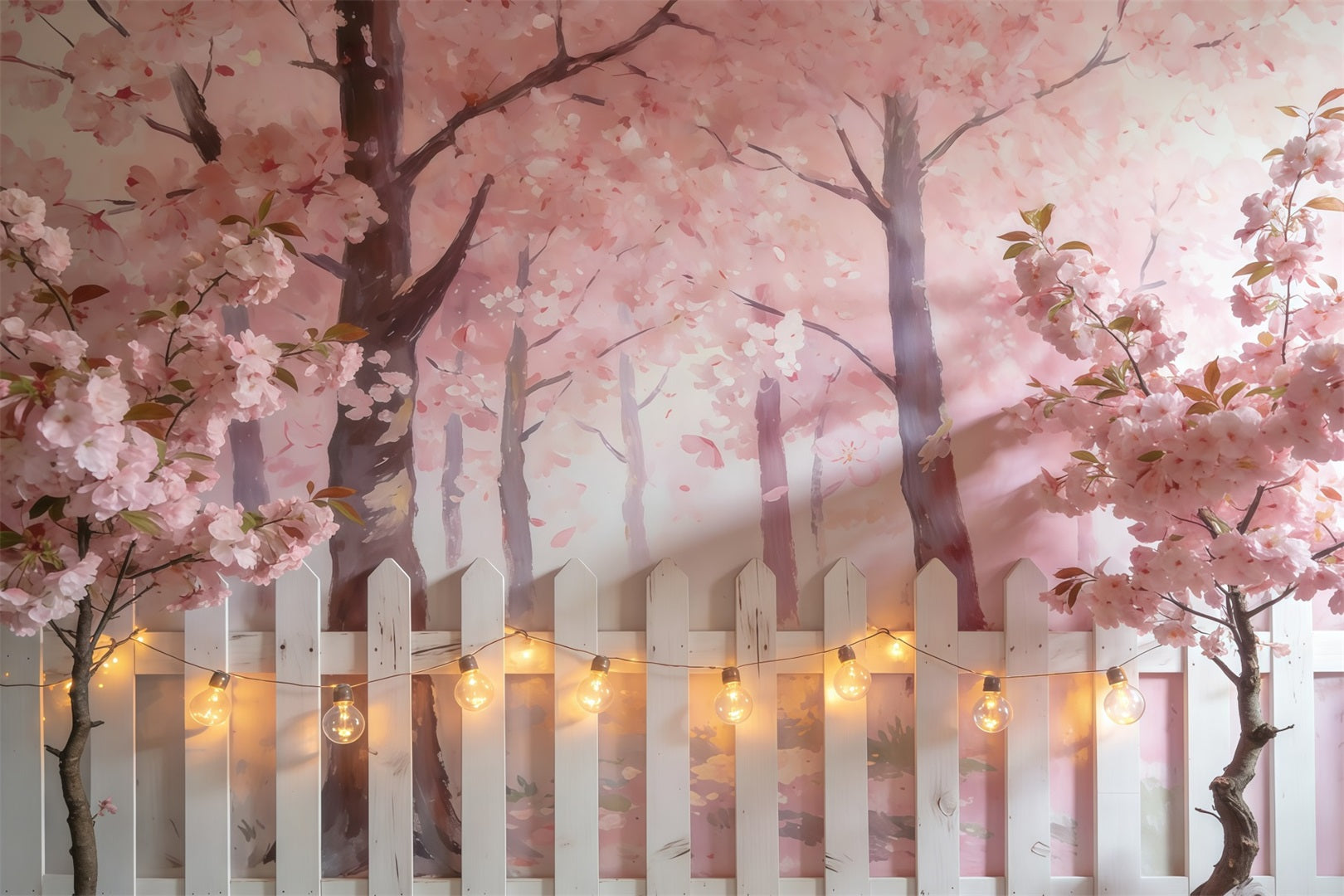 Cherry Blossoms Backdrop Pink Blossom Trees White Fence Photography Spring Backdrop UK CSH61-139