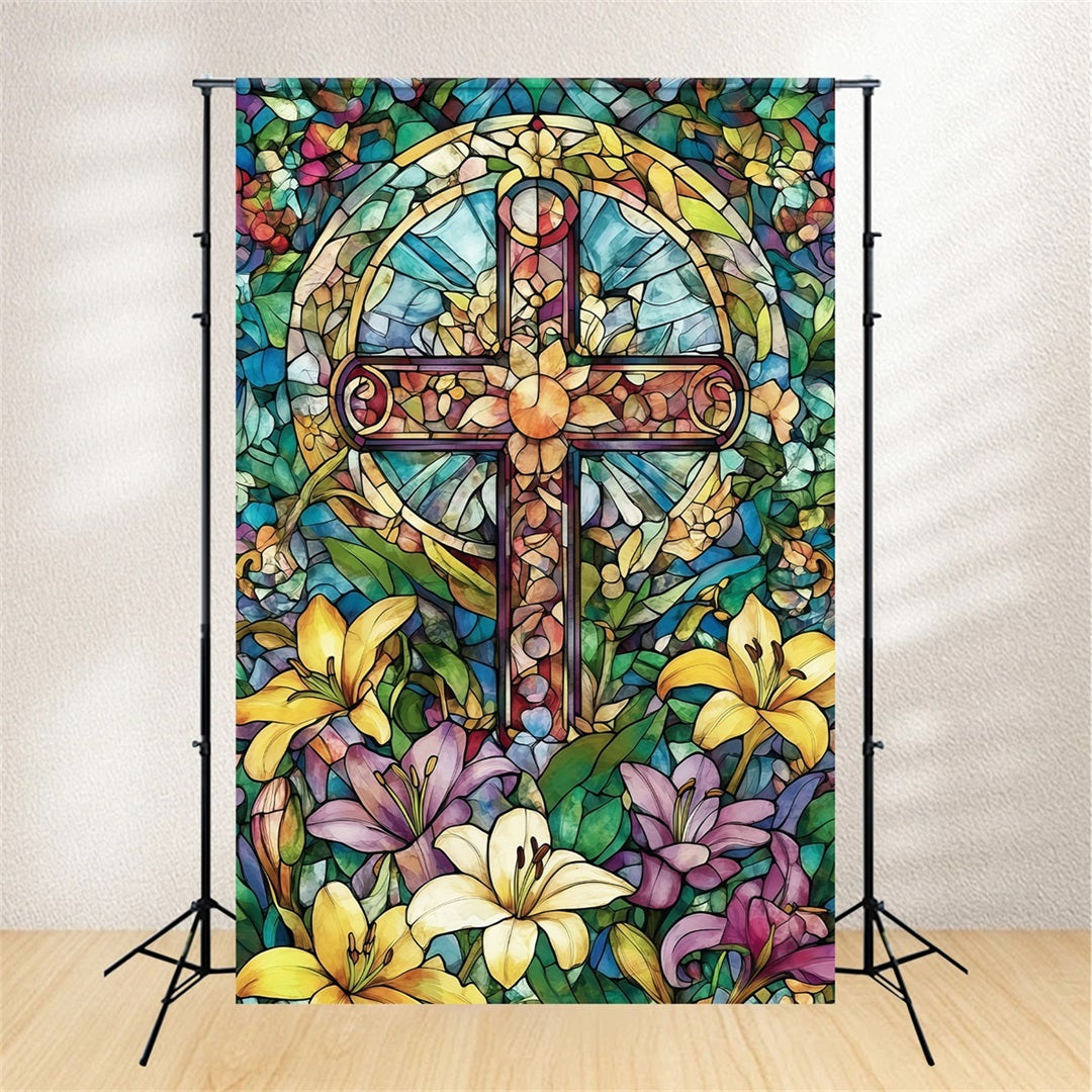 Stained Glass Window Backdrop Floral Cross Church Gothic Easter Backdrops UK CSH61-14