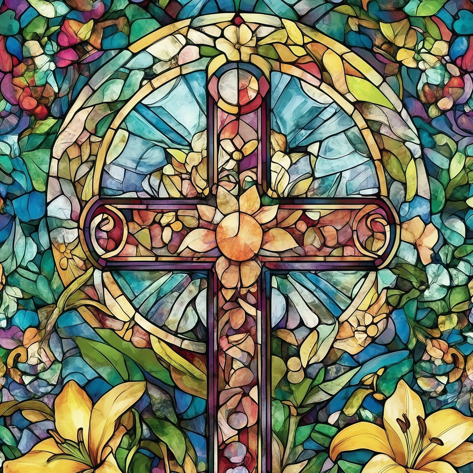 Stained Glass Window Backdrop Floral Cross Church Gothic Easter Backdrops UK CSH61-14