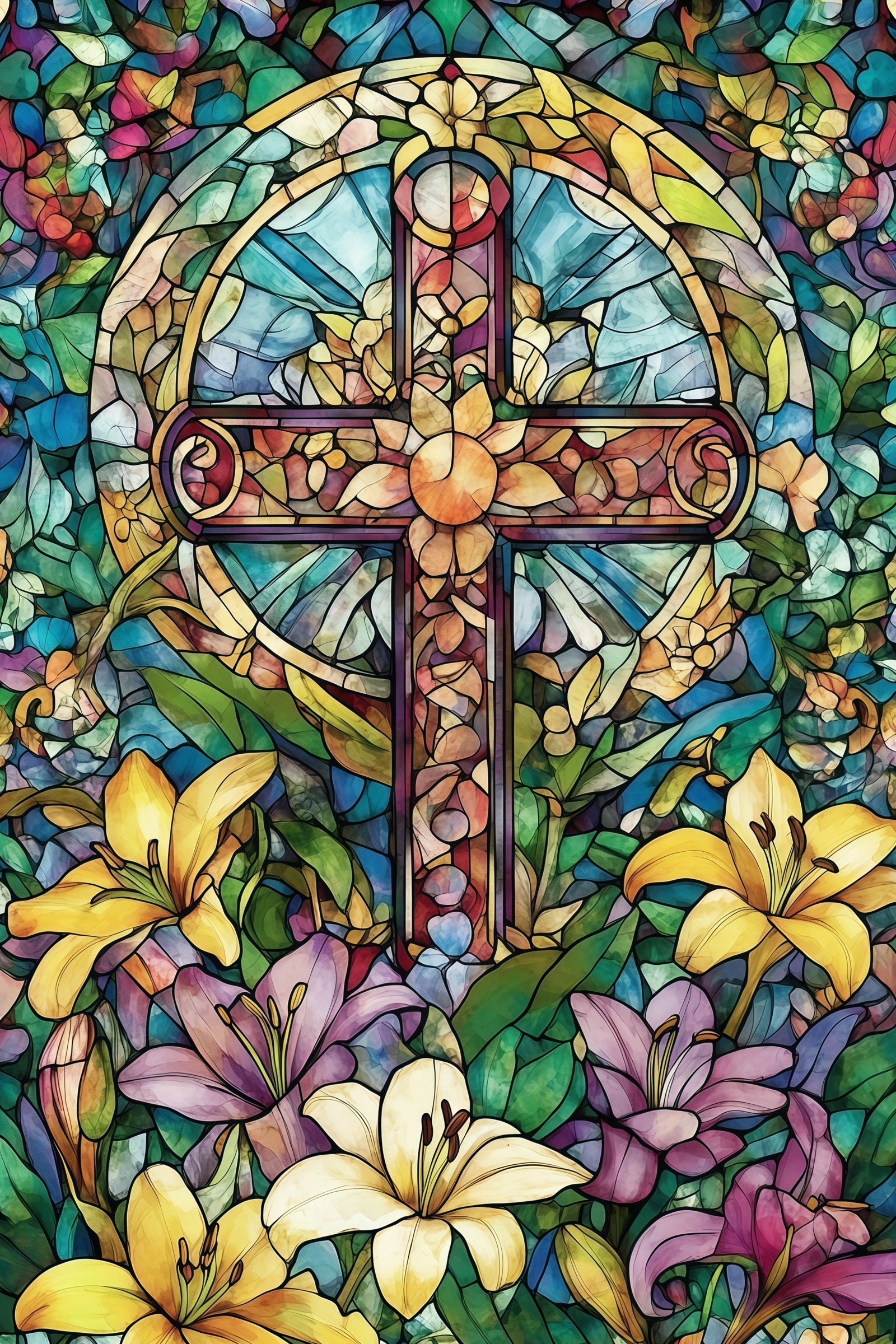 Stained Glass Window Backdrop Floral Cross Church Gothic Easter Backdrops UK CSH61-14