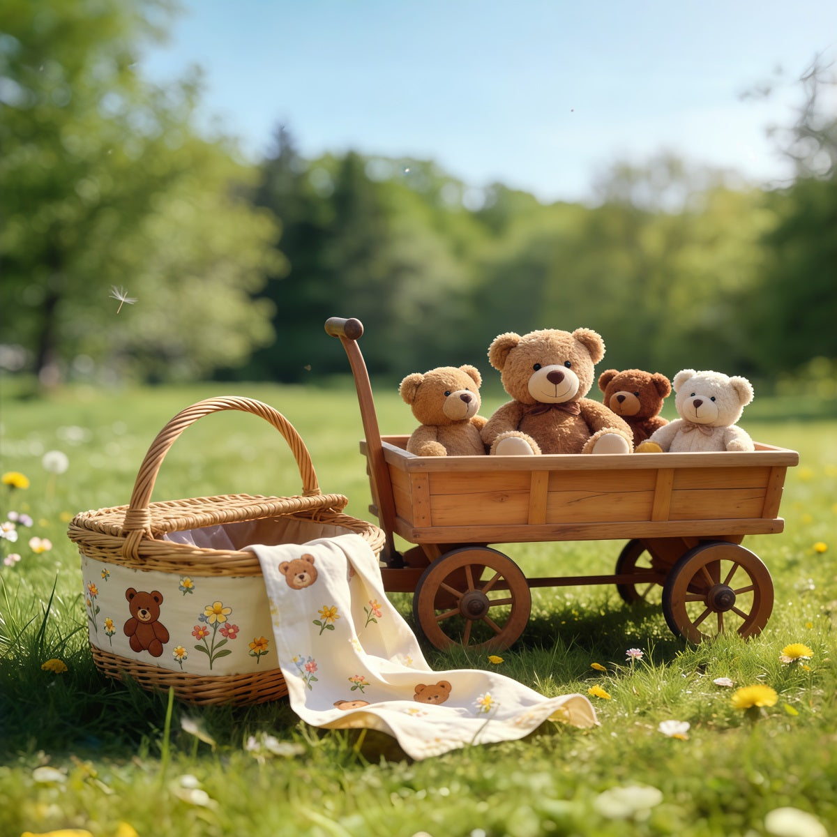Picnic Backdrops Teddy Bear Wagon Meadow Outdoors Diy Spring Backdrop UK CSH61-140
