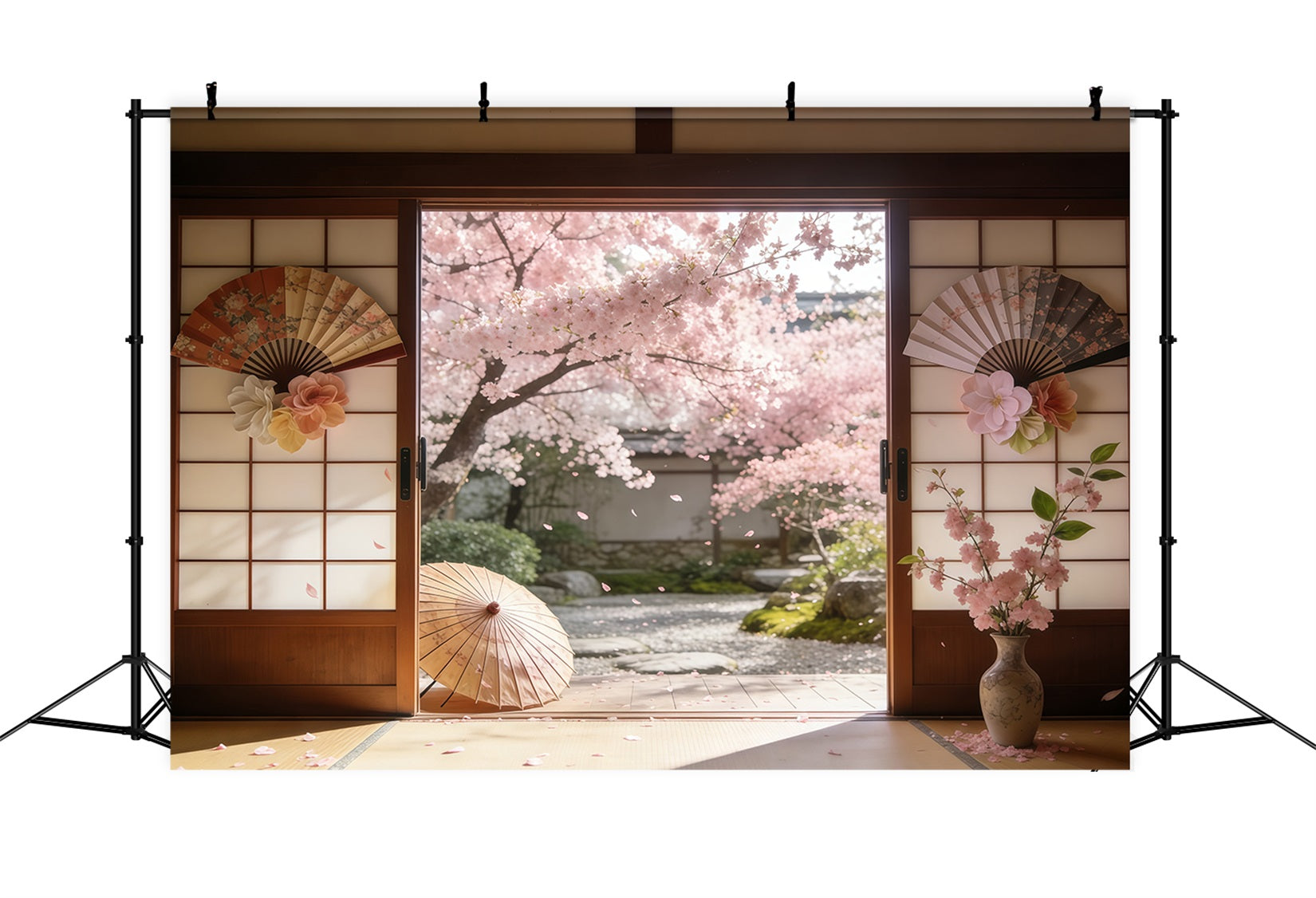 Backdrop Cherry Blossom Sakura Courtyard Sliding Doors Floral Picture Backdrop UK CSH61-142