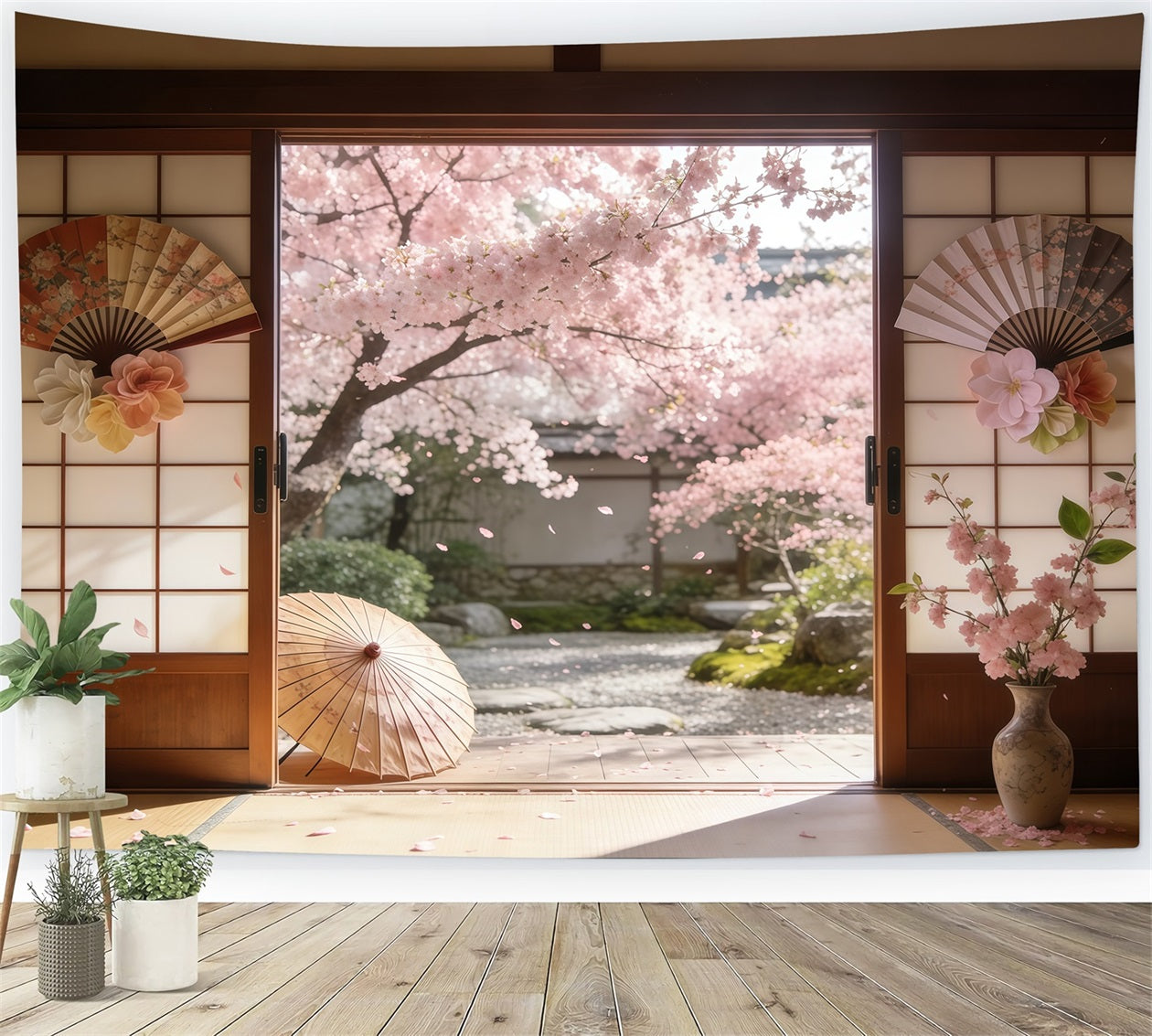 Backdrop Cherry Blossom Sakura Courtyard Sliding Doors Floral Picture Backdrop UK CSH61-142