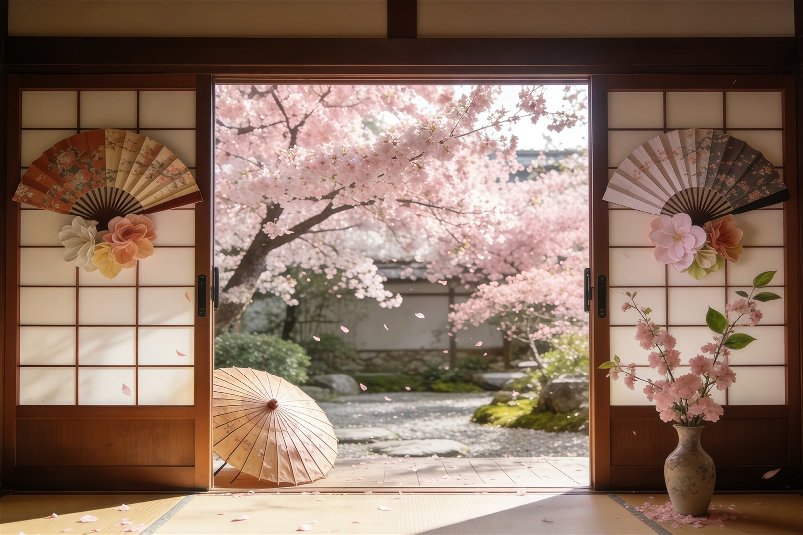 Backdrop Cherry Blossom Sakura Courtyard Sliding Doors Floral Picture Backdrop UK CSH61-142