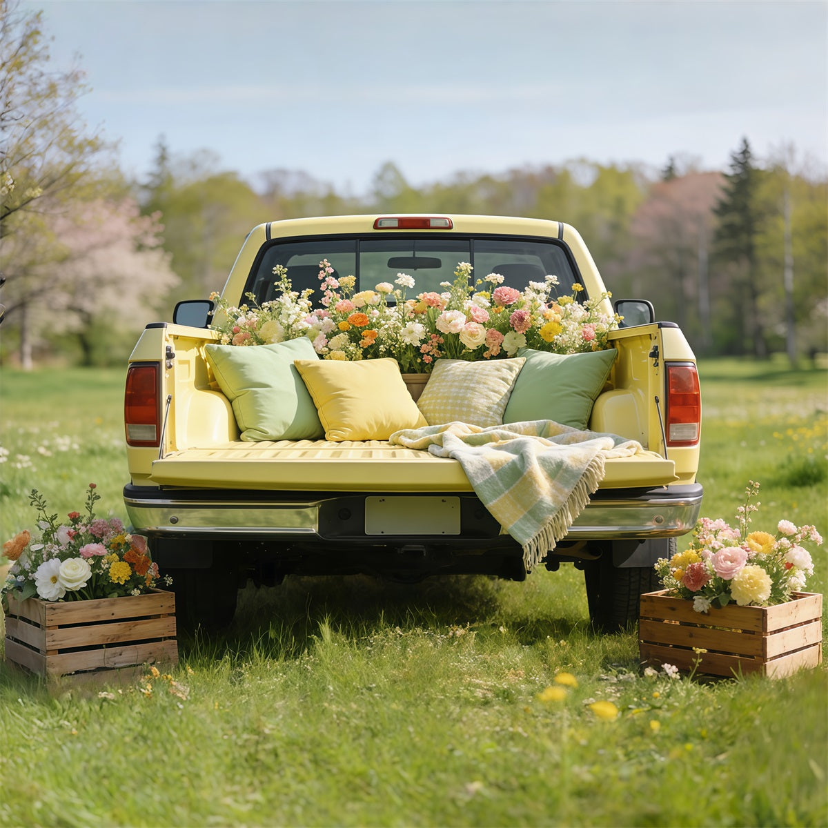 Picnic Backdrop Ideas Vintage Yellow Truck Blooms Cheap Spring Photography Backdrops UK CSH61-146
