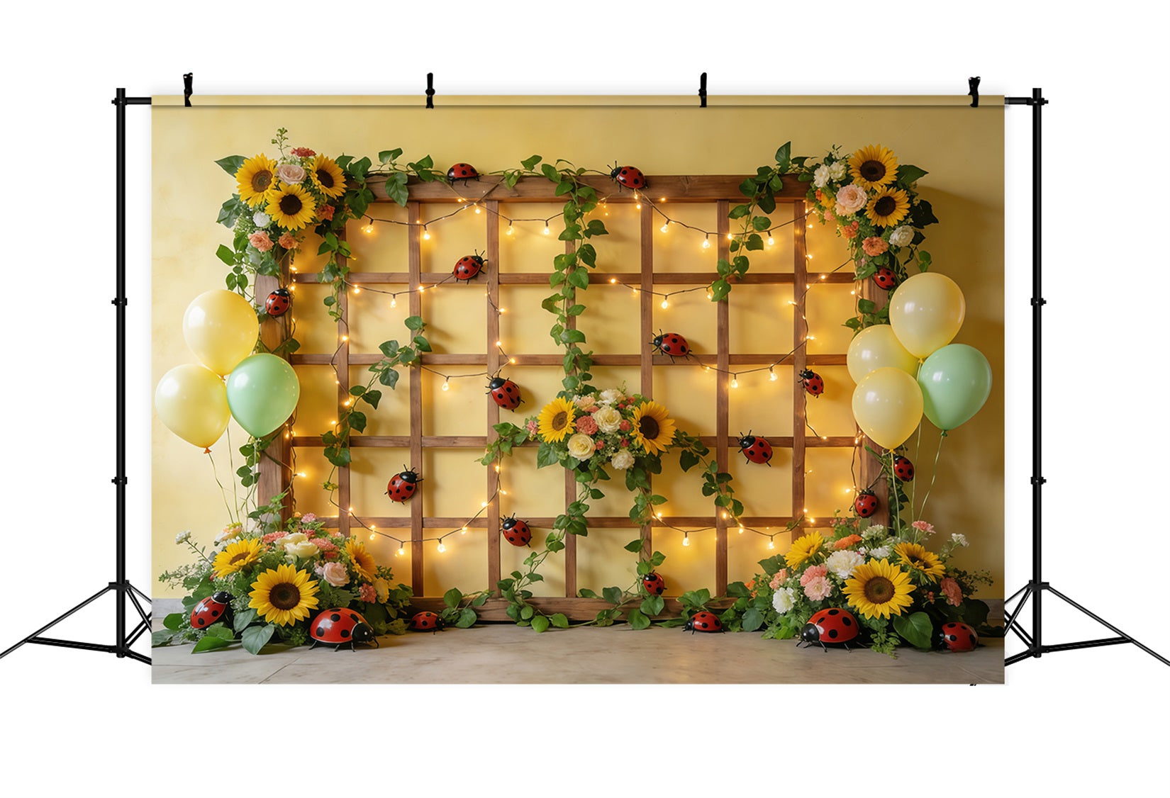 Ladybug Photo Backdrop Sunflower Trellis Balloon Lights Spring Photo Backdrop UK CSH61-149