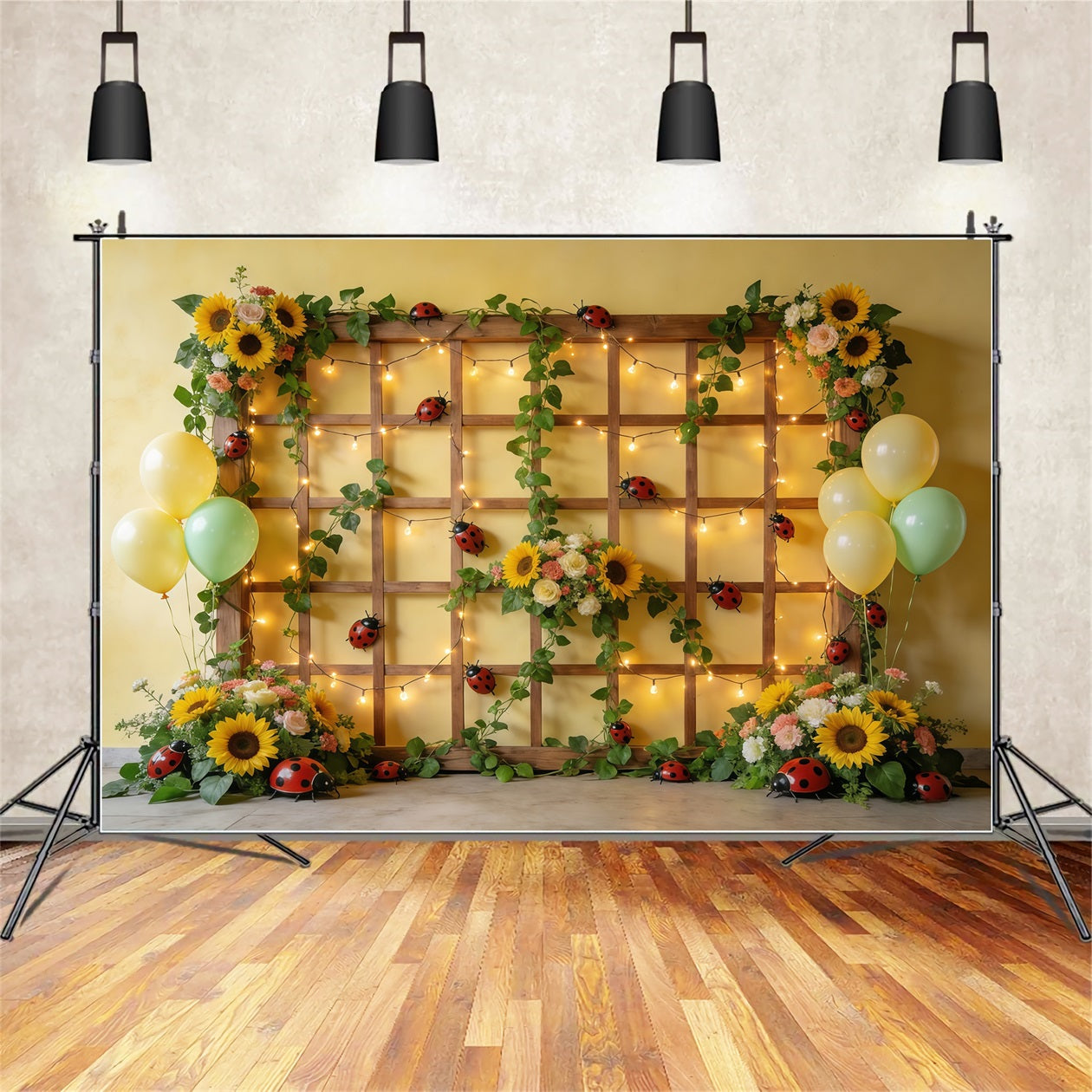 Ladybug Photo Backdrop Sunflower Trellis Balloon Lights Spring Photo Backdrop UK CSH61-149