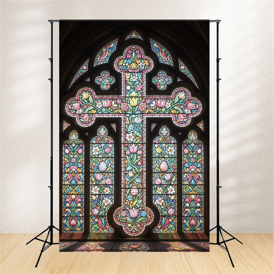 Stained Glass Window Backdrop Cathedral Cross Ornate Gothic Easter Backdrops UK CSH61-15