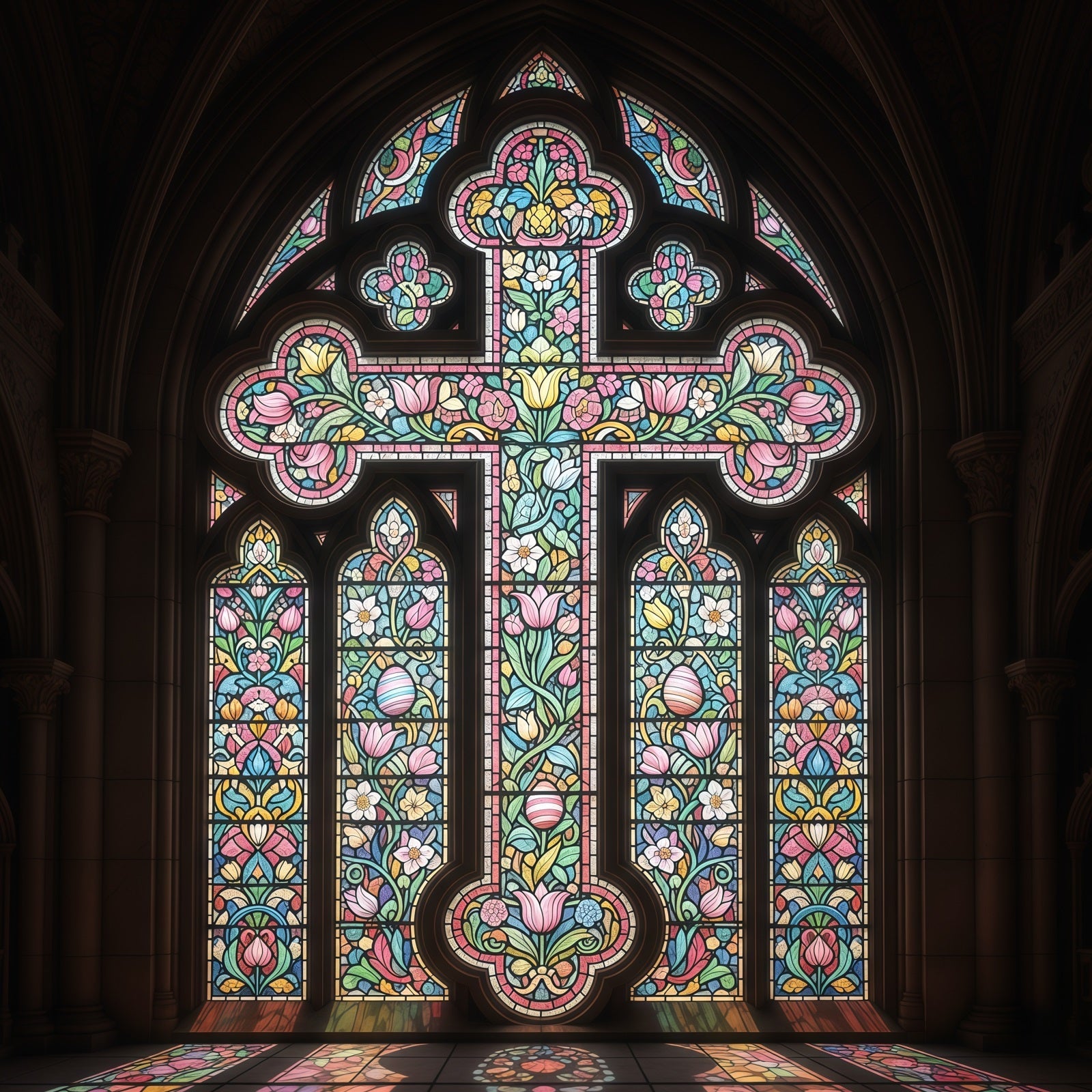 Stained Glass Window Backdrop Cathedral Cross Ornate Gothic Easter Backdrops UK CSH61-15