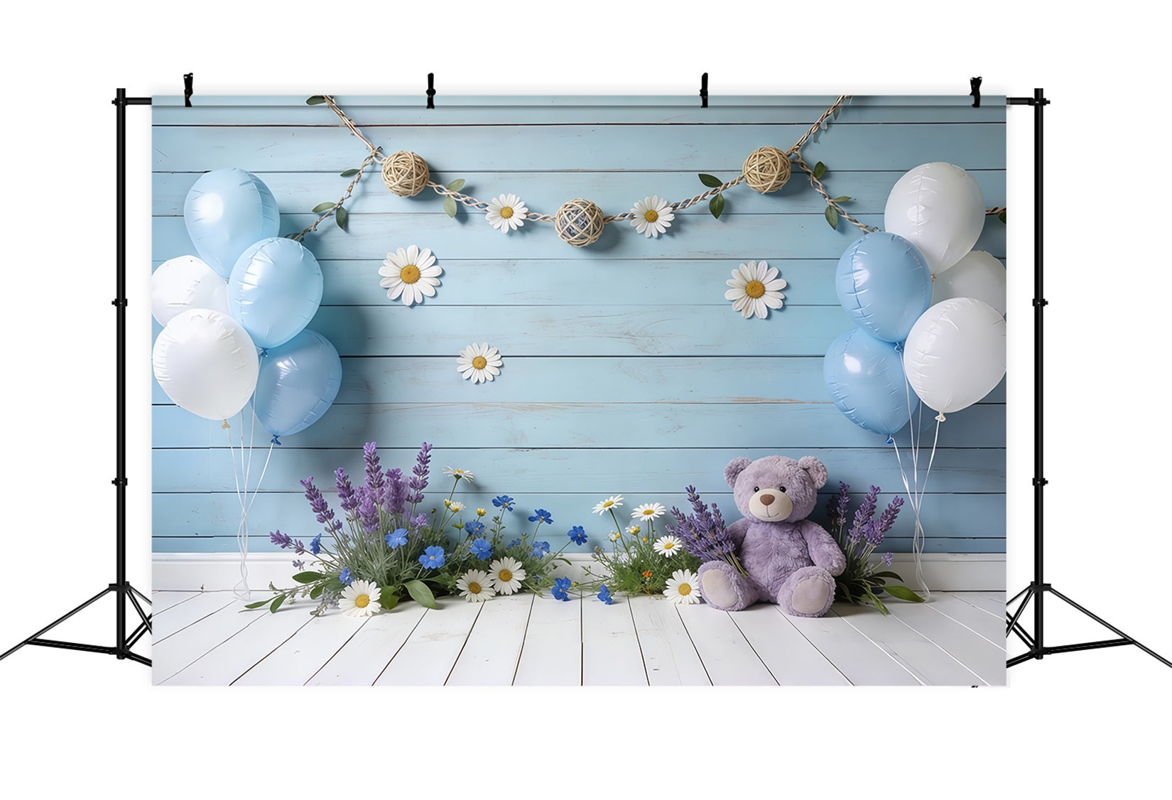 Daisy Flower Backdrop Blue Wooden Wall Balloon Teddy Floral Backdrop For Pictures UK CSH61-150