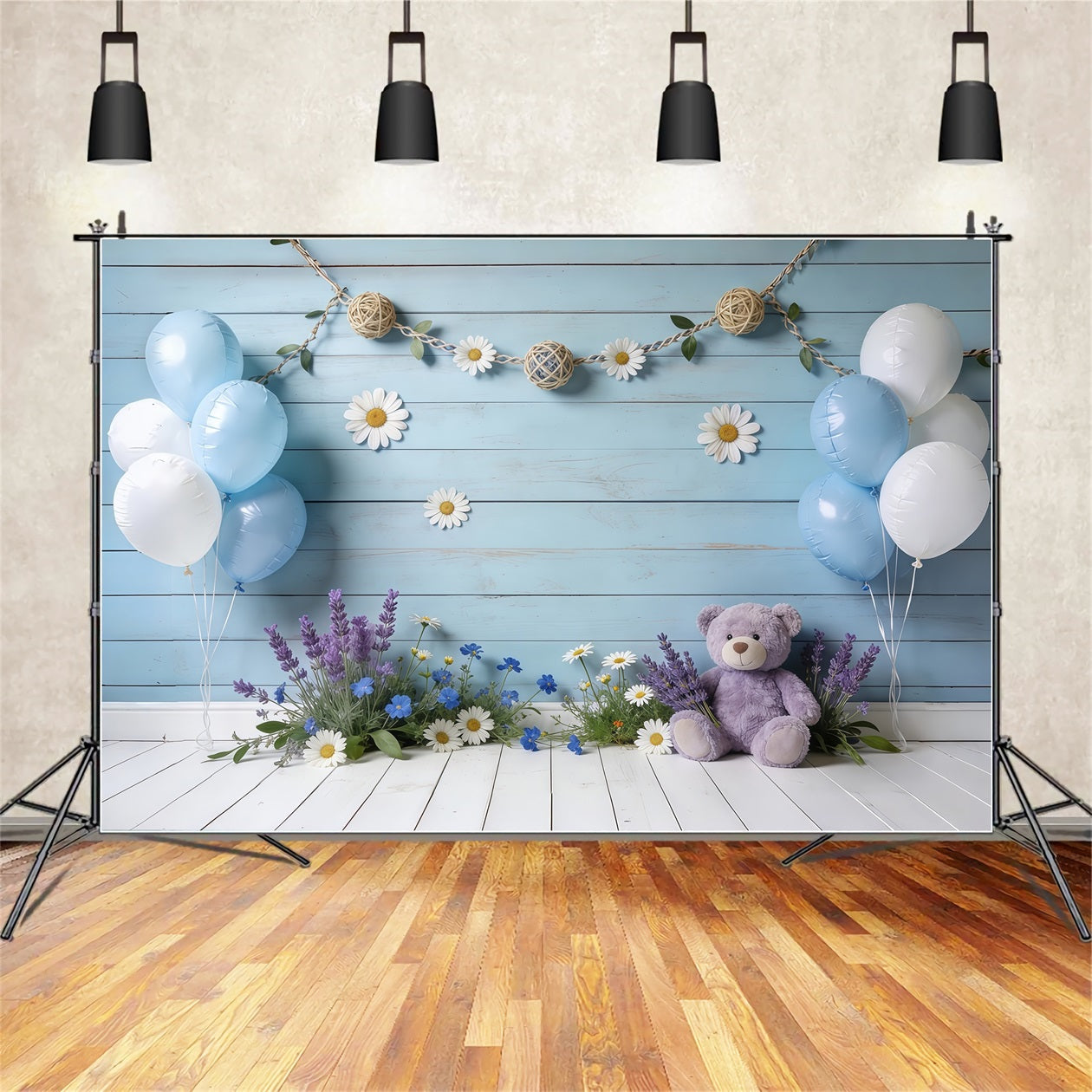 Daisy Flower Backdrop Blue Wooden Wall Balloon Teddy Floral Backdrop For Pictures UK CSH61-150