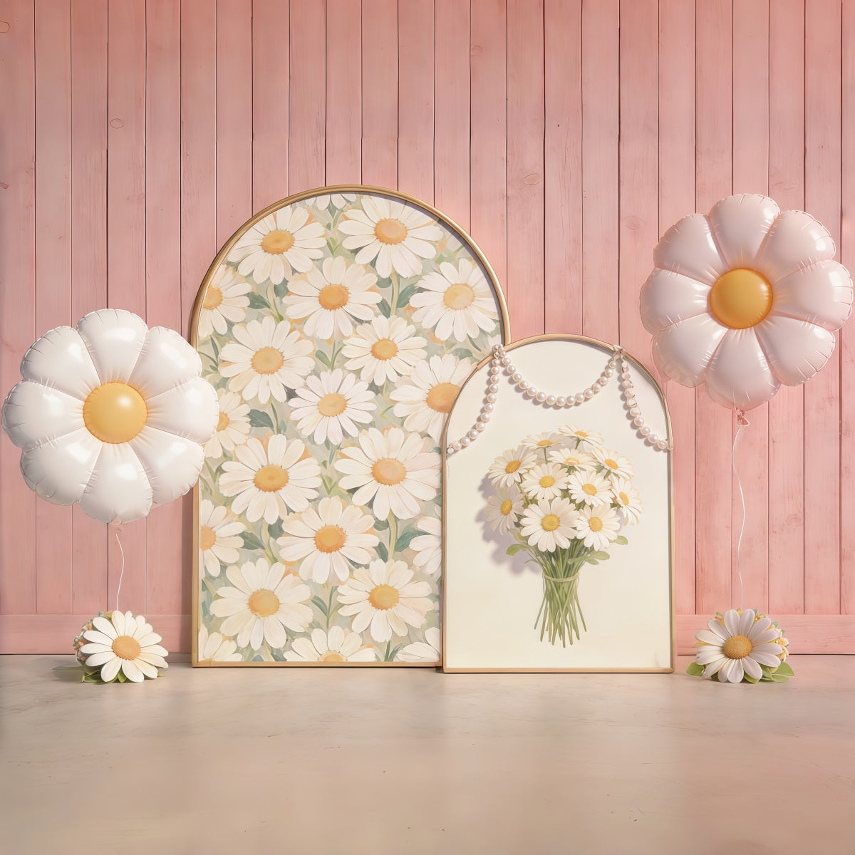 Daisy Flower Backdrop Pink Wooden Wall Arch Balloon Floral Backdrop For Pictures UK CSH61-151