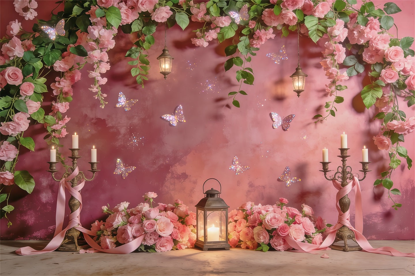 Hanging Vine Backdrop Rose Lantern Butterfly Glow Spring Photo Backdrops UK CSH61-154