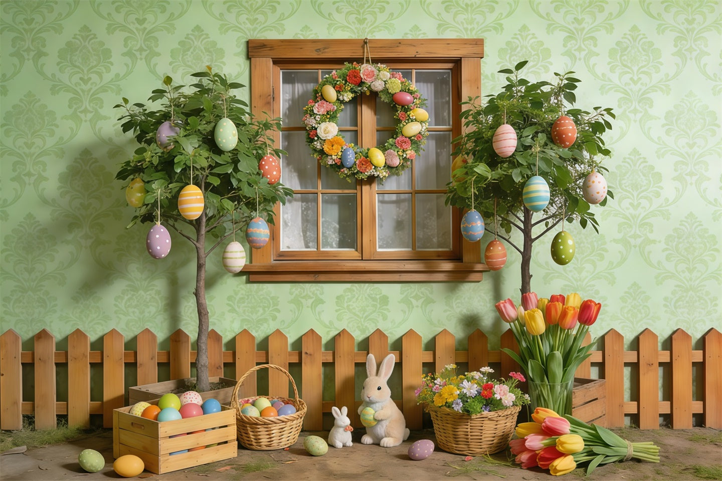 Easter Spring Backdrop Garden Window Egg Bunny Spring Photography Backdrops UK CSH61-155