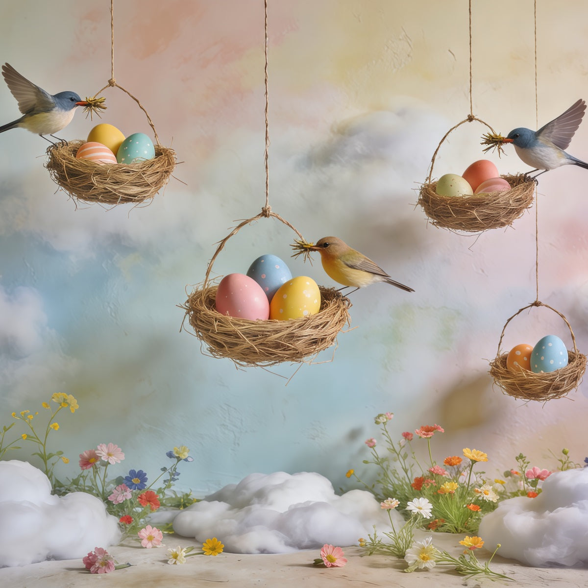 Spring Bird Nest Backdrop Egg Nest Pastel Sky Wildflower Spring Time Backdrop UK CSH61-164