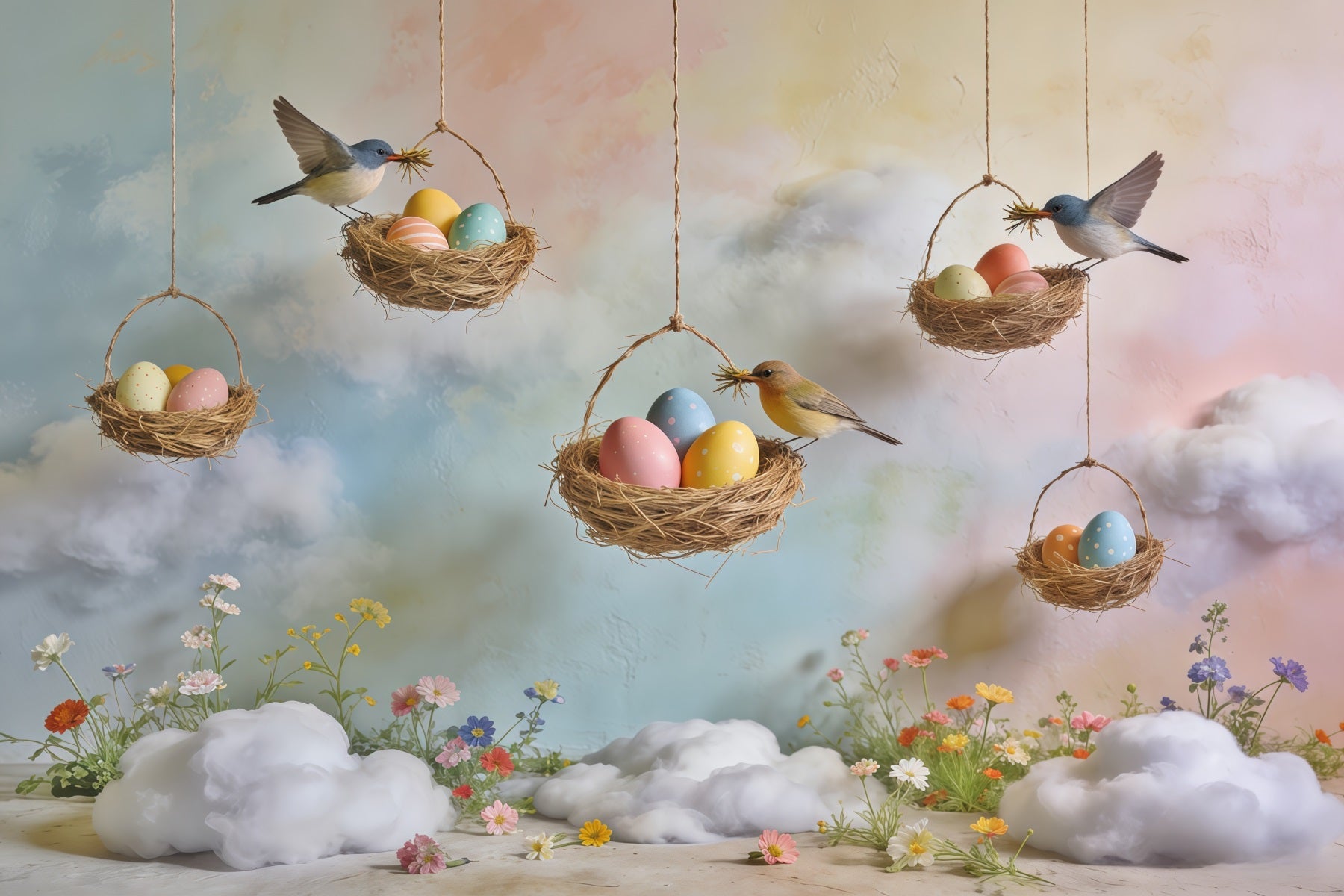 Spring Bird Nest Backdrop Egg Nest Pastel Sky Wildflower Spring Time Backdrop UK CSH61-164