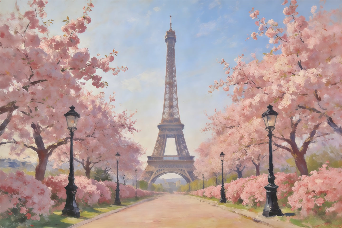 Spring Oil Painting Backdrop Paris Cherry Blossom Avenue Photo Backdrop Spring UK CSH61-167
