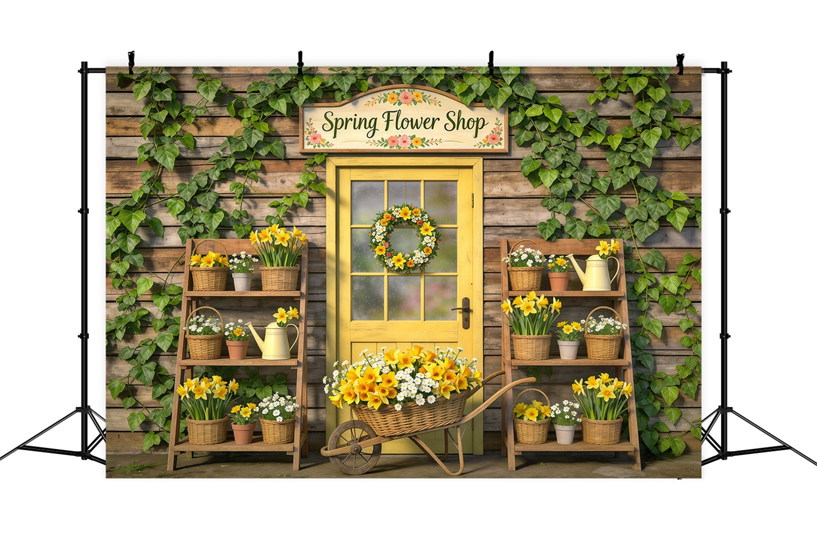 Spring Flower Shop Backdrop Yellow Door Floral Baskets Spring Theme Backdrop UK CSH61-169