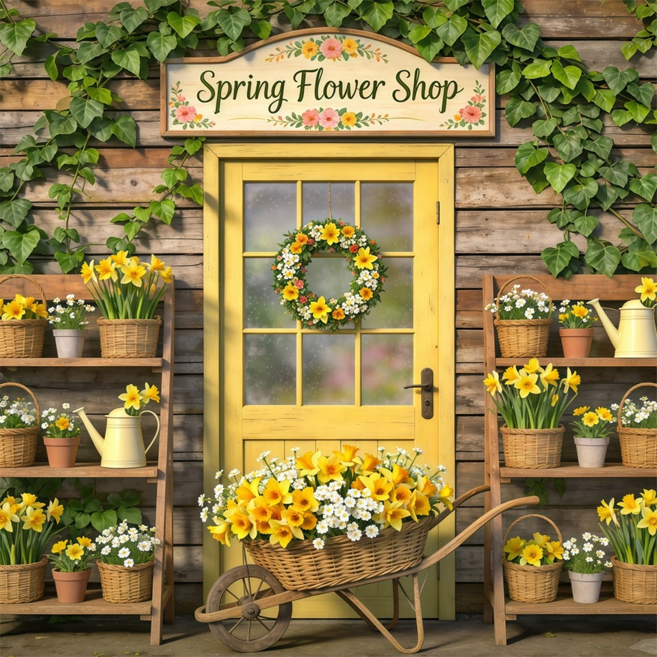 Spring Flower Shop Backdrop Yellow Door Floral Baskets Spring Theme Backdrop UK CSH61-169