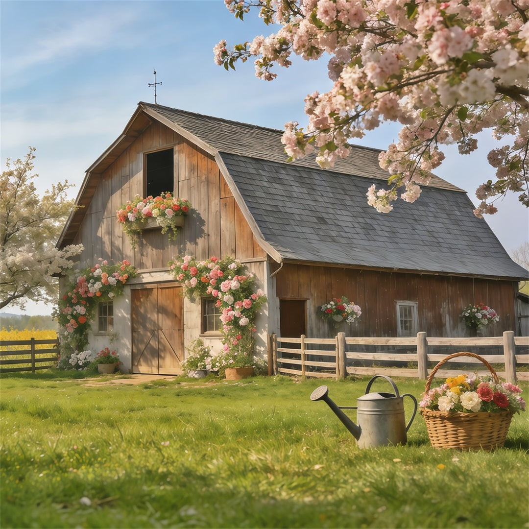 Spring Barn Backdrop Rustic Farmhouse Blossom Meadow Spring Backdrops For Photography UK CSH61-172