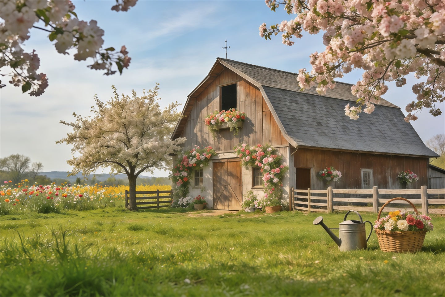 Spring Barn Backdrop Rustic Farmhouse Blossom Meadow Spring Backdrops For Photography UK CSH61-172