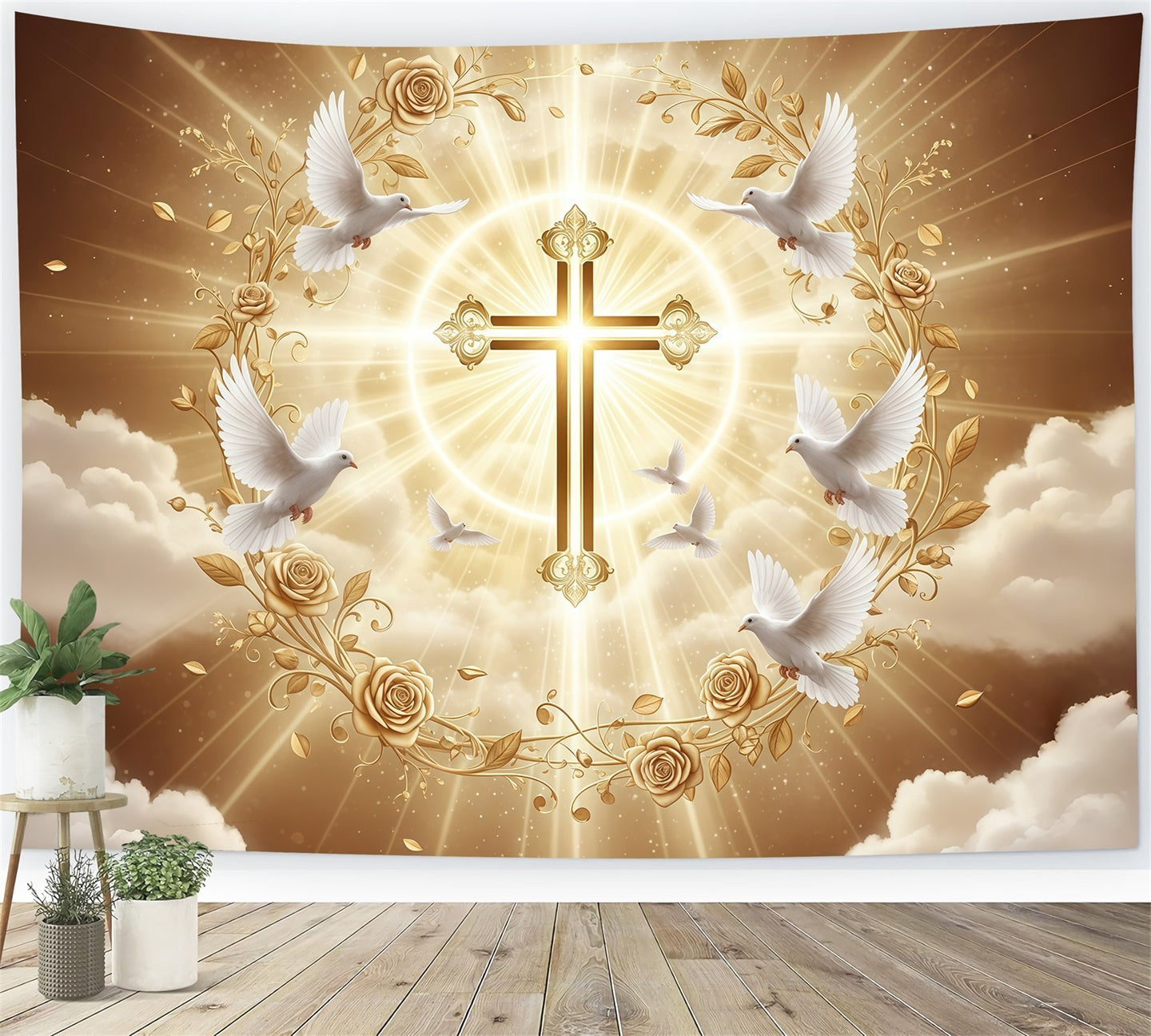 Church Easter Backdrops Golden Radiance Cross Songbirds Easter Backdrop Ideas UK CSH61-18