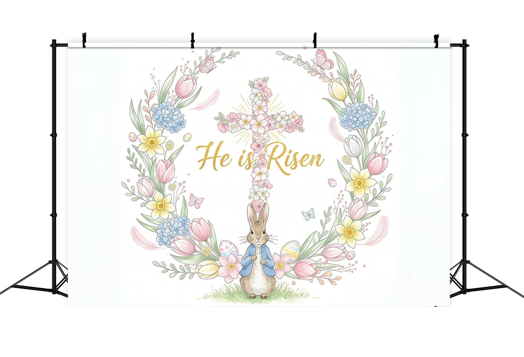 Easter Backdrops For Church Floral Cross Bunny Wreath Easter Backdrops UK CSH61-2