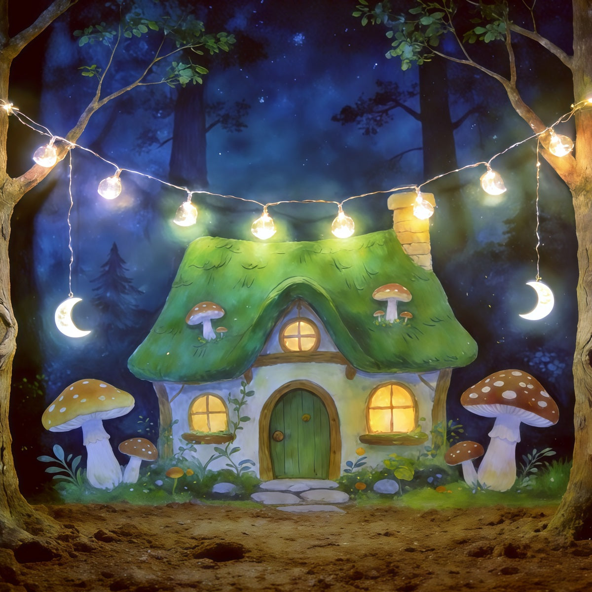 Cartoon Forest Backdrop Moonlit Mushroom Cottage Lights Forest Backdrop Ideas UK CSH61-213