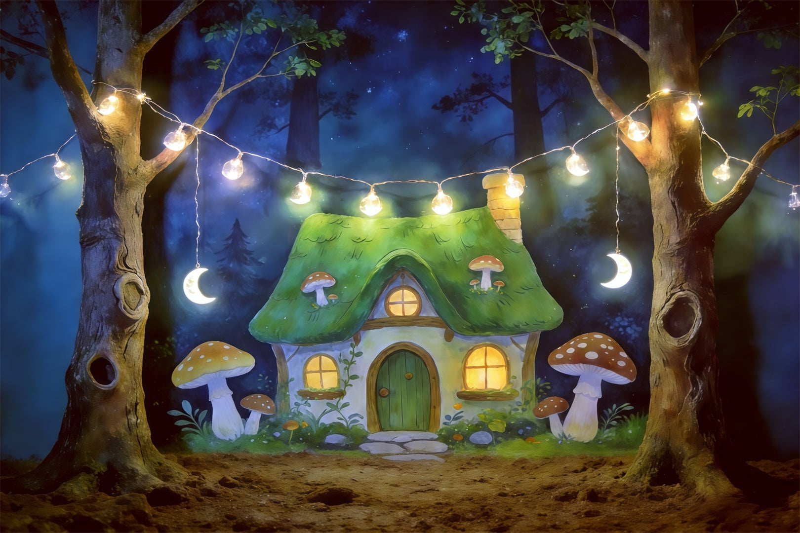 Cartoon Forest Backdrop Moonlit Mushroom Cottage Lights Forest Backdrop Ideas UK CSH61-213