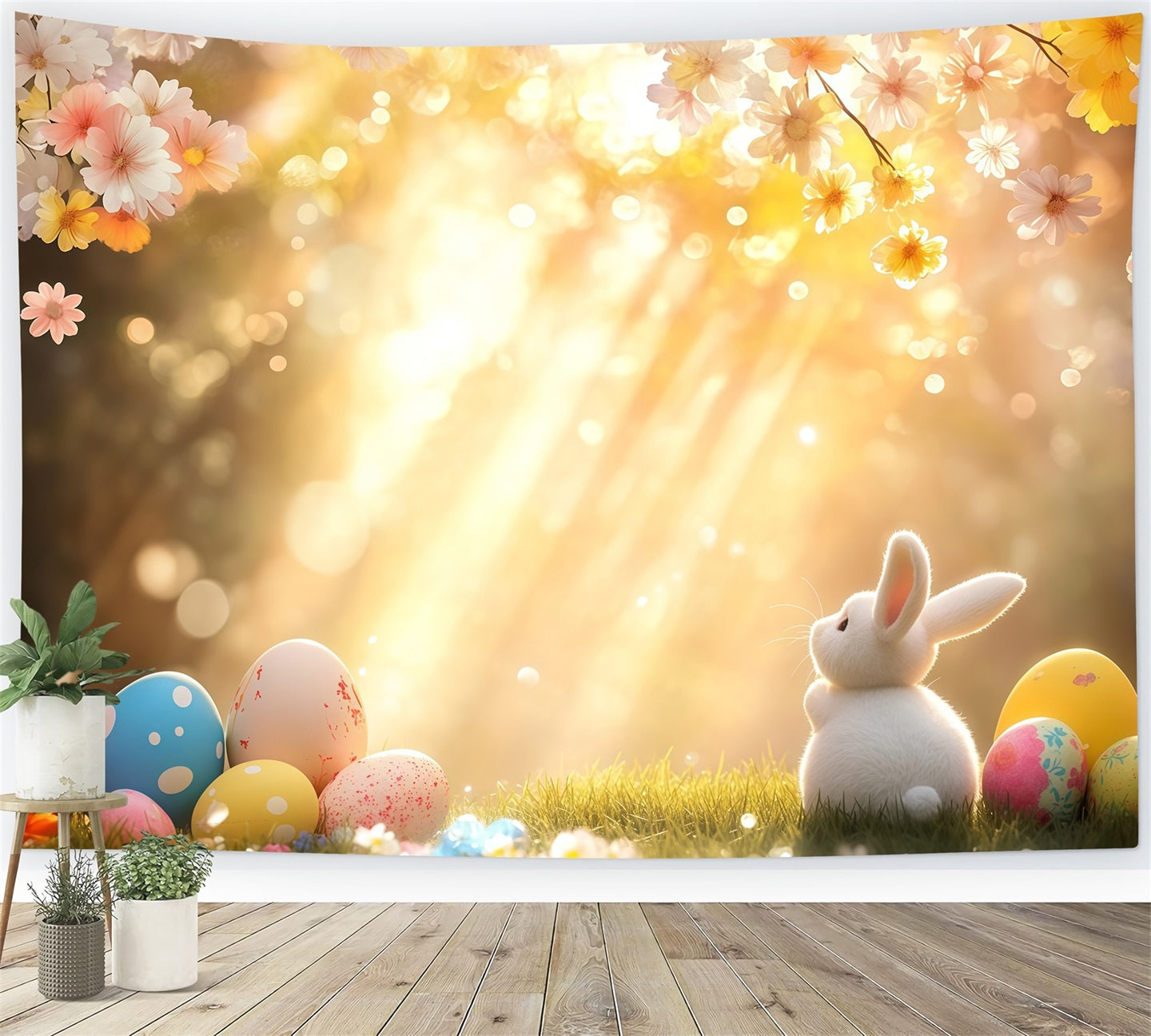 Easter Bunny Backdrop Sunlit Blossom Eggs Meadow Easter Photo Backdrop UK CSH61-22