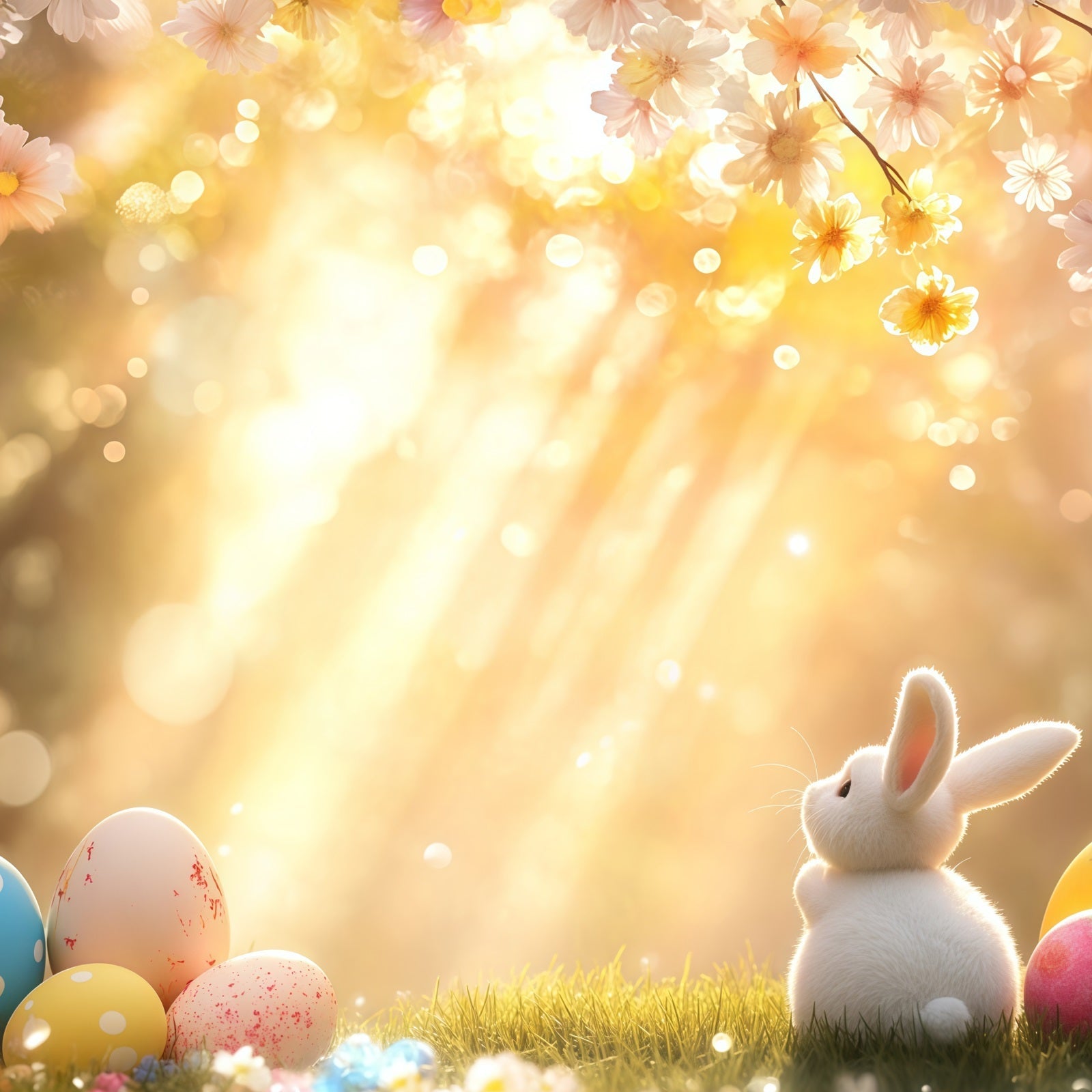 Easter Bunny Backdrop Sunlit Blossom Eggs Meadow Easter Photo Backdrop UK CSH61-22