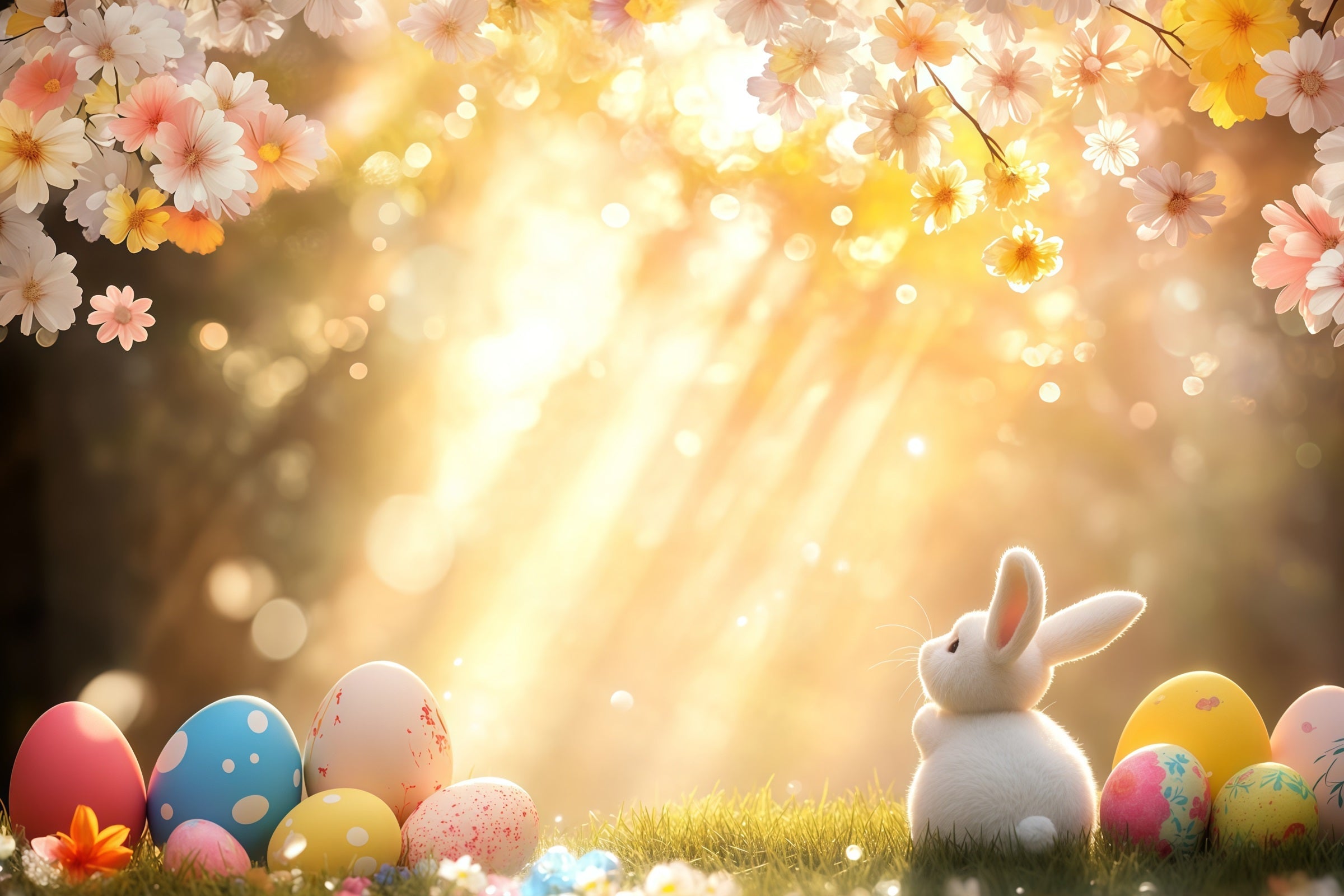Easter Bunny Backdrop Sunlit Blossom Eggs Meadow Easter Photo Backdrop UK CSH61-22