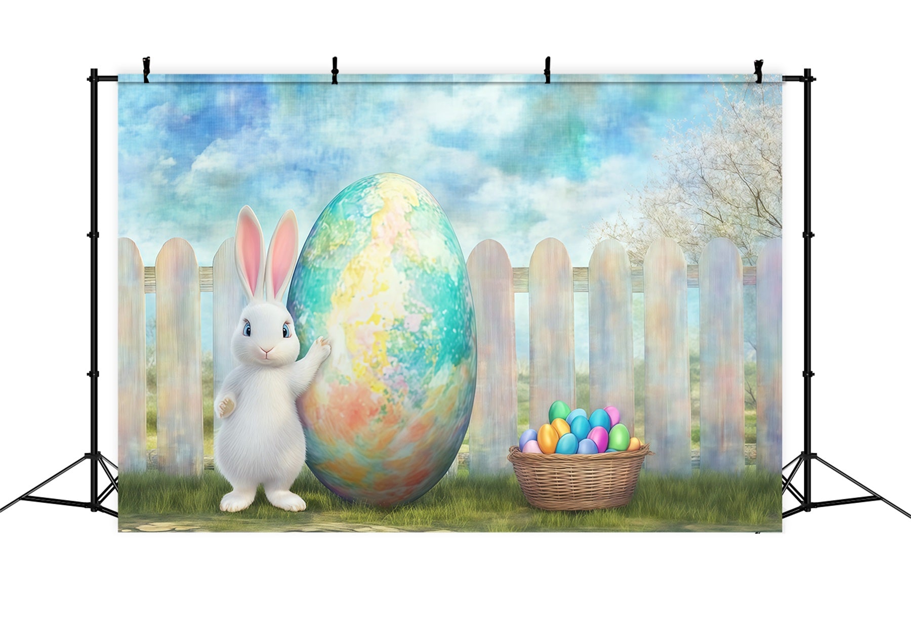 Easter Bunny Backdrop Giant Painted Egg Rustic Garden Backdrop Easter UK CSH61-27