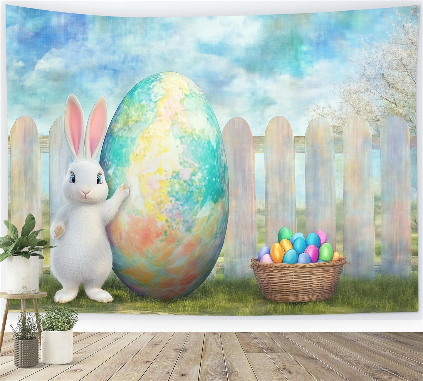 Easter Bunny Backdrop Giant Painted Egg Rustic Garden Backdrop Easter UK CSH61-27