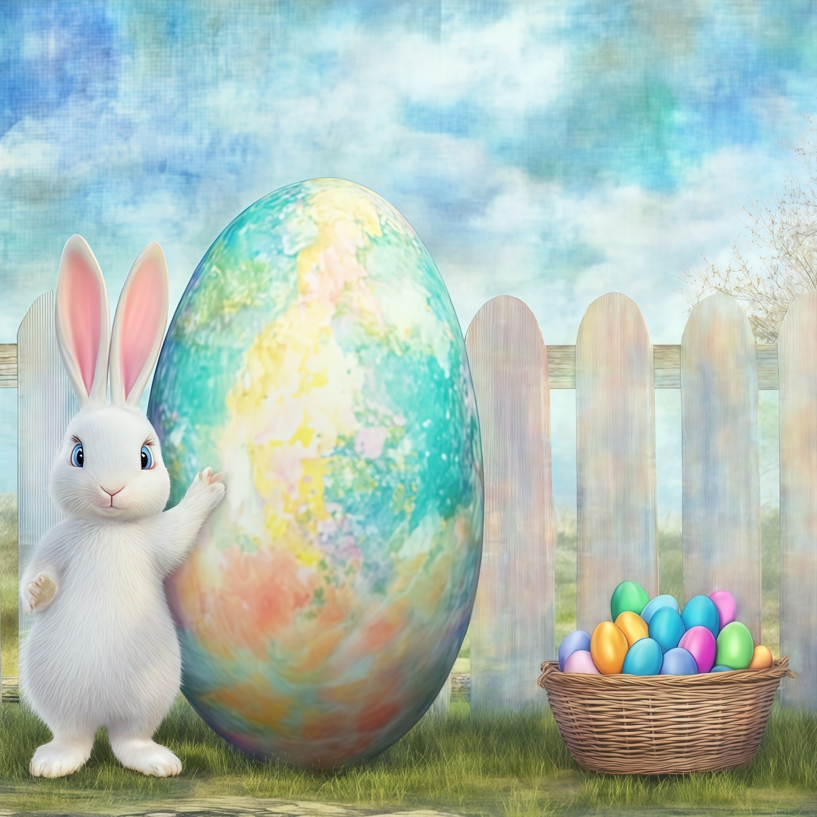 Easter Bunny Backdrop Giant Painted Egg Rustic Garden Backdrop Easter UK CSH61-27